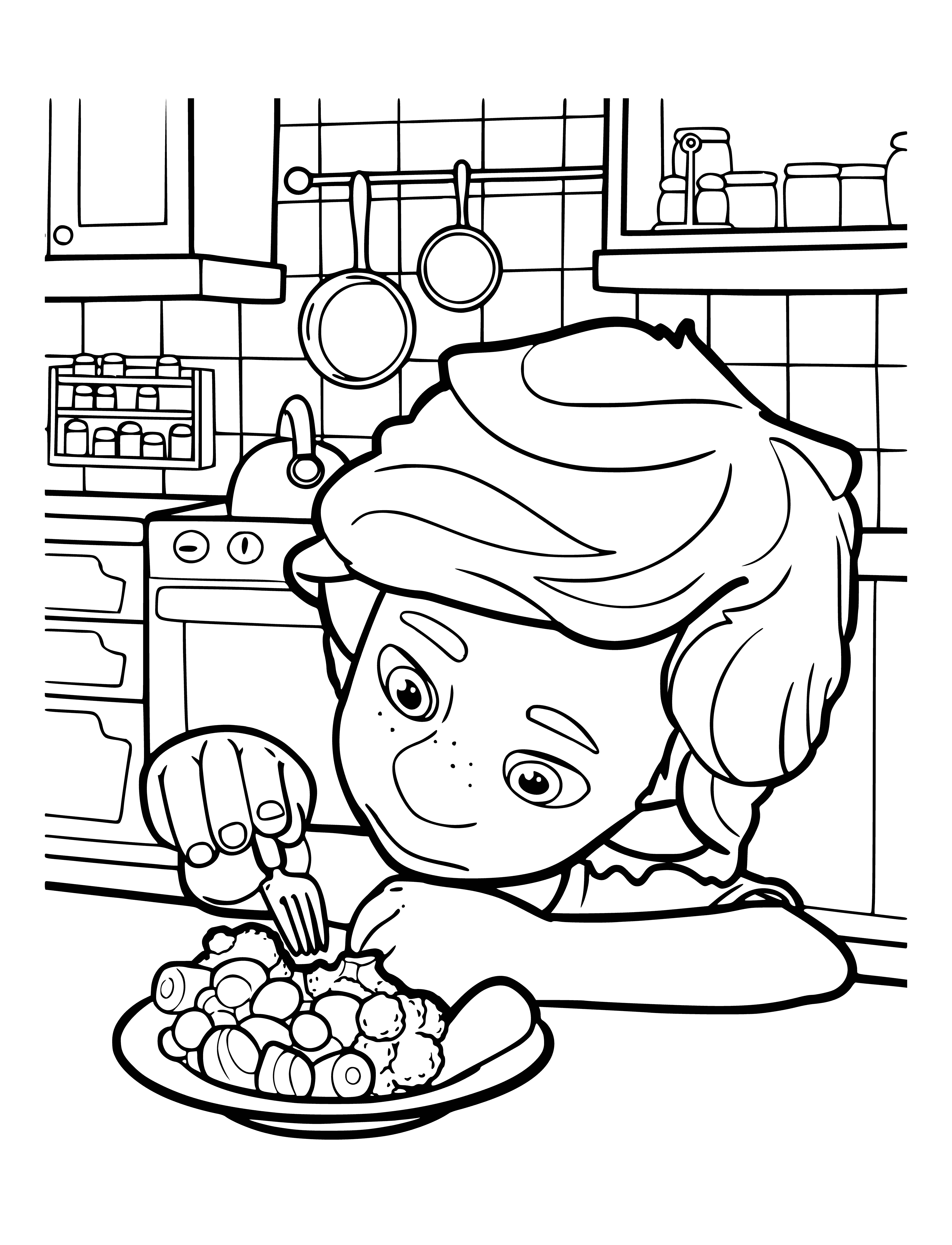 coloring page: Little boy sits at kitchen table picking at a plate of broccoli and mashed potatoes.