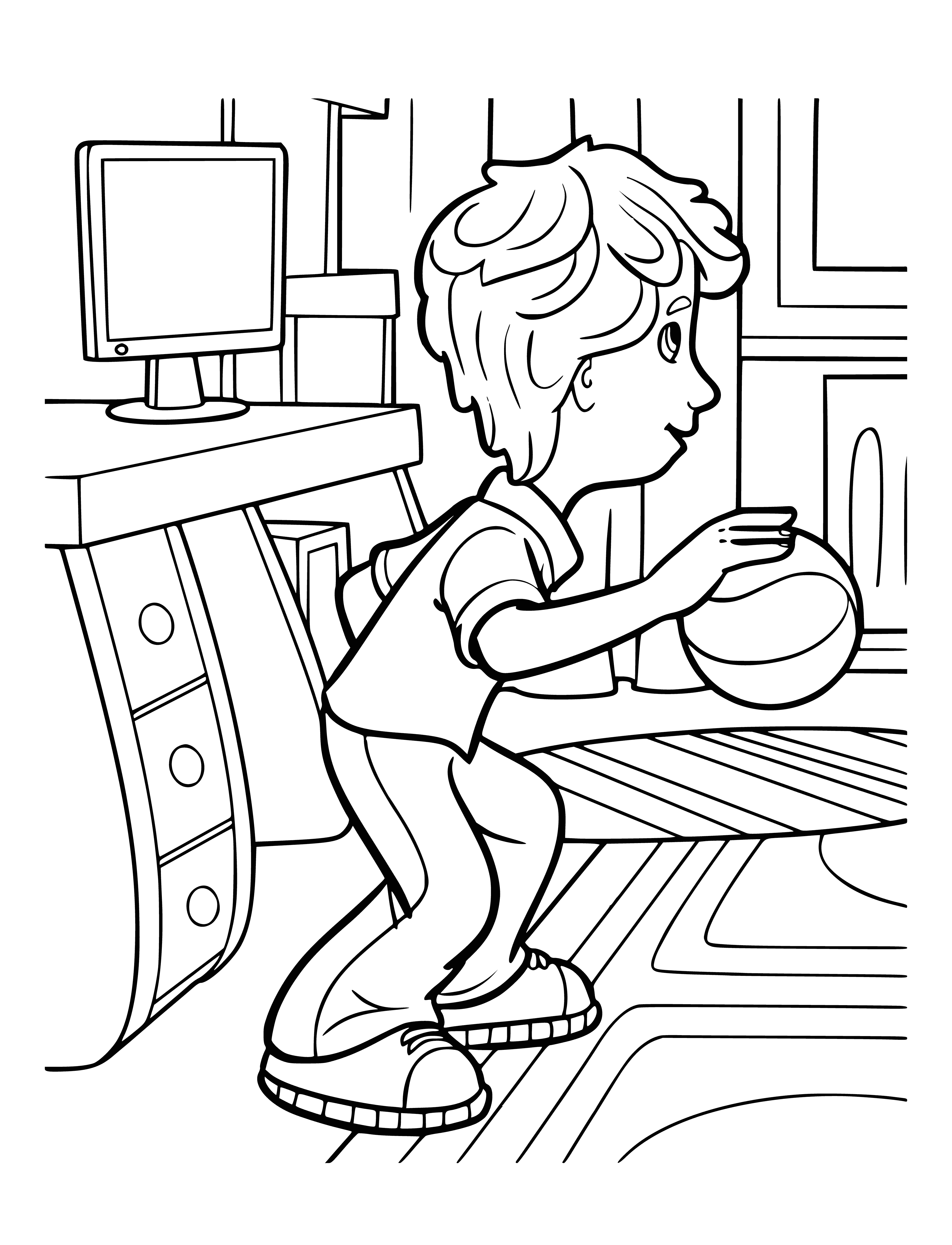 coloring page: Robot Fixie Dim Dimych has a black body, white face, and a black baseball cap. He's holding a wrench in his right hand.