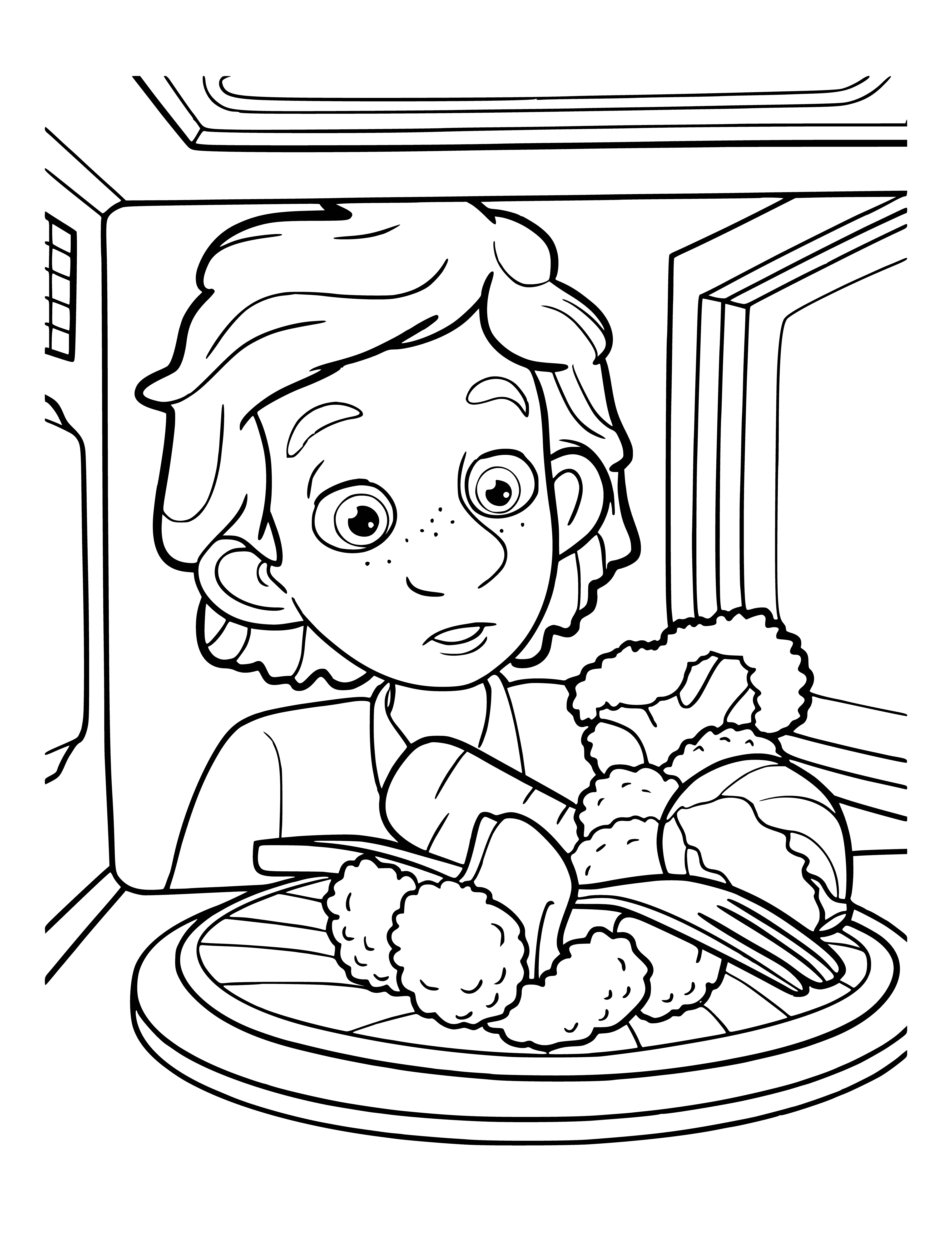 coloring page: Fixie stands on a stool with a cup and hammer, wearing a blue shirt and yellow bandana, looking at a microwave.