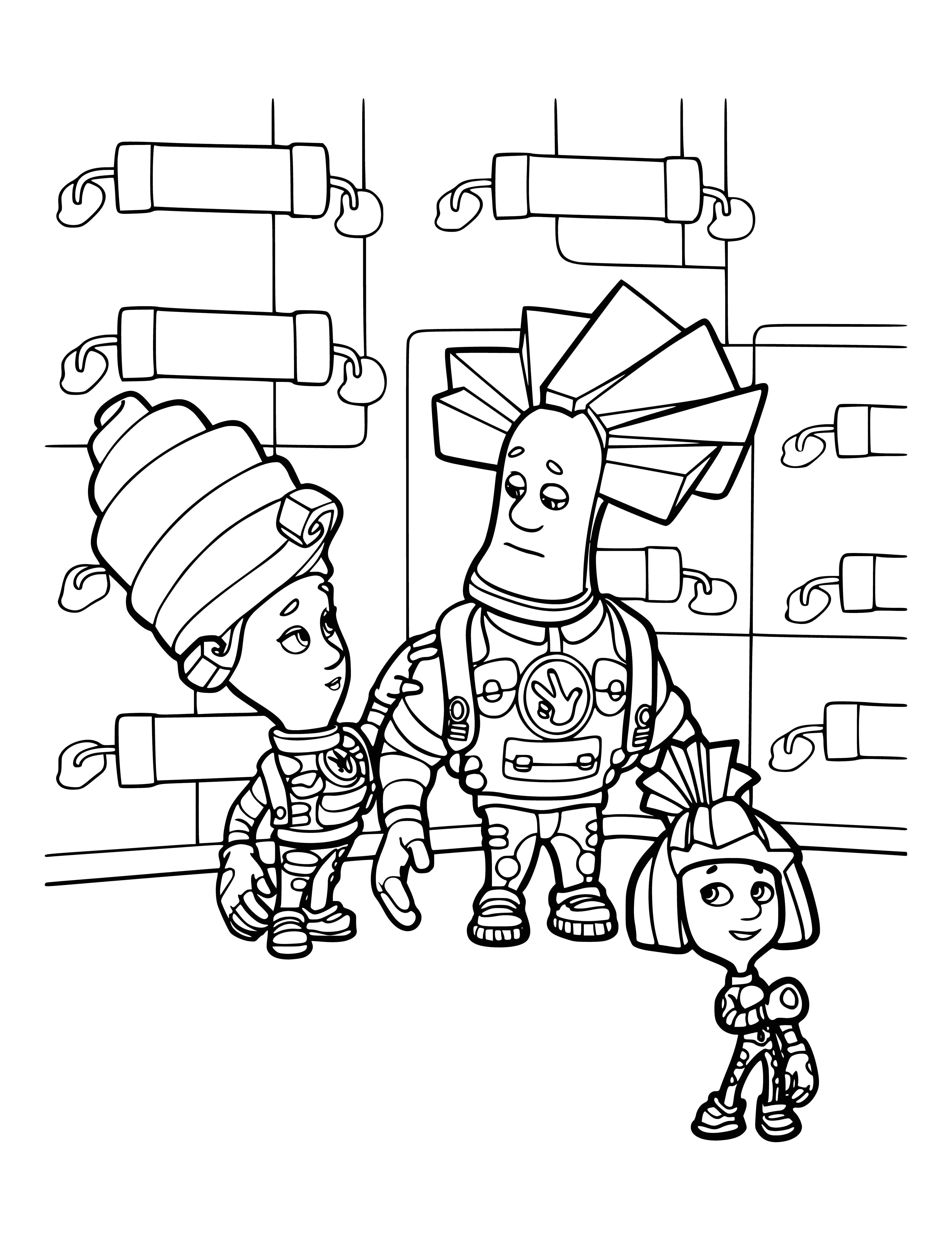 coloring page: Three cartoon characters with big eyes; green/brown, purple/blue, pink/blonde; wearing yellow, red, and blue shirts respectively; all with black button eyes. #coloringpage