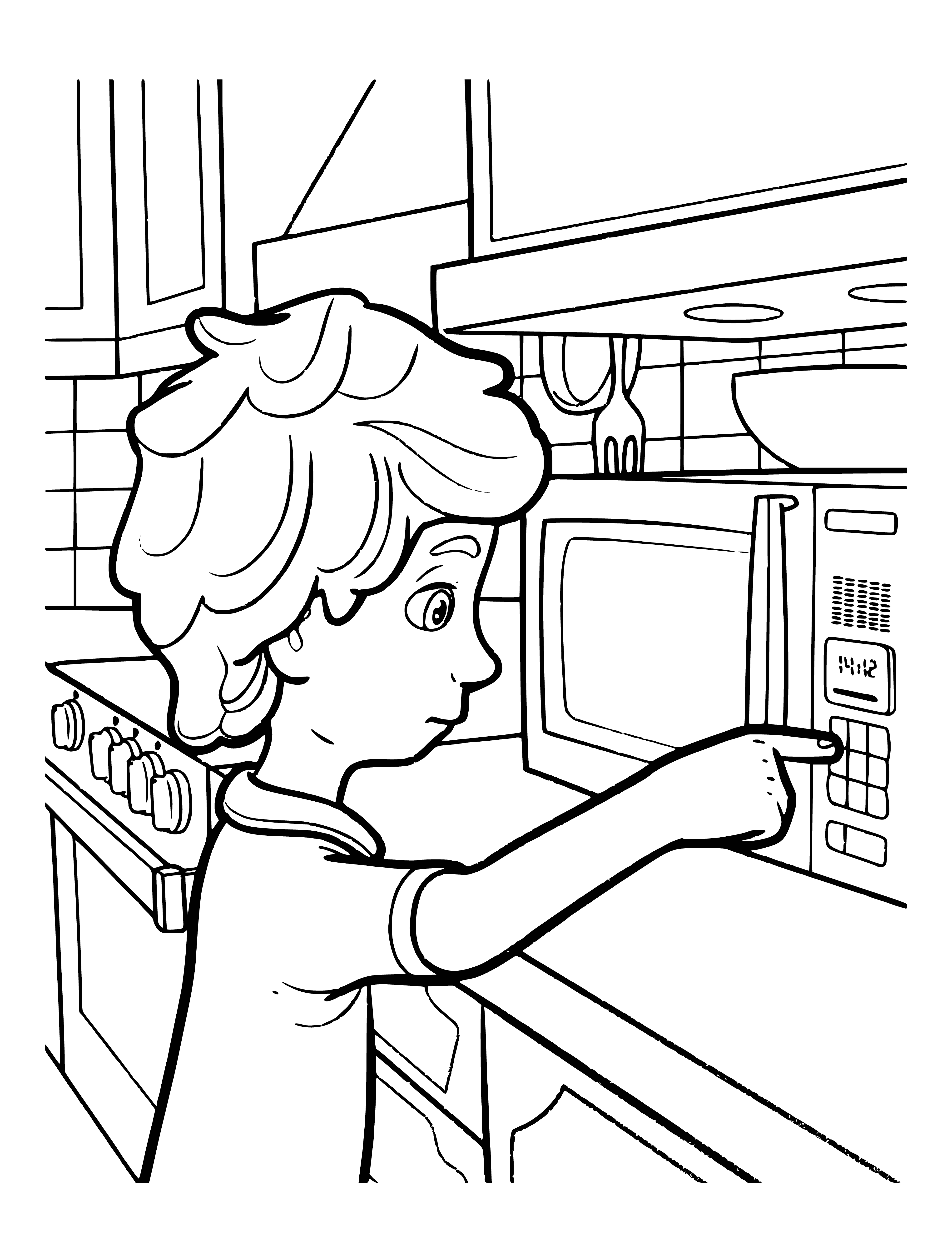 coloring page: Dimych is a fixie fixing a microwave, wearing a blue shirt, red scarf, and blue pants with white stripe. He's standing on a stool.