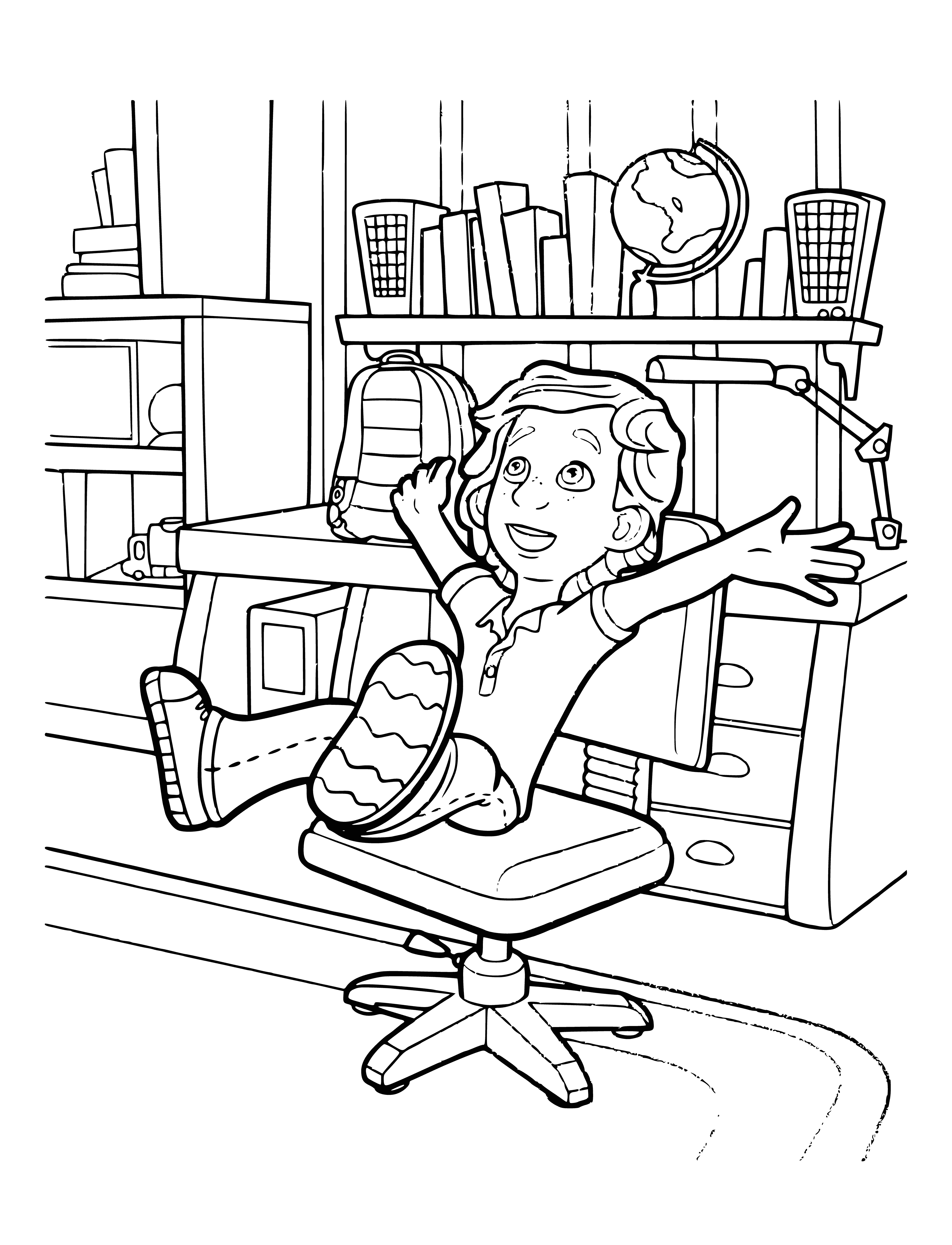 coloring page: Dimych sits on a chair with a blue shirt and a brown backpack. His feet are bare and he holds a black and white cat in his lap.