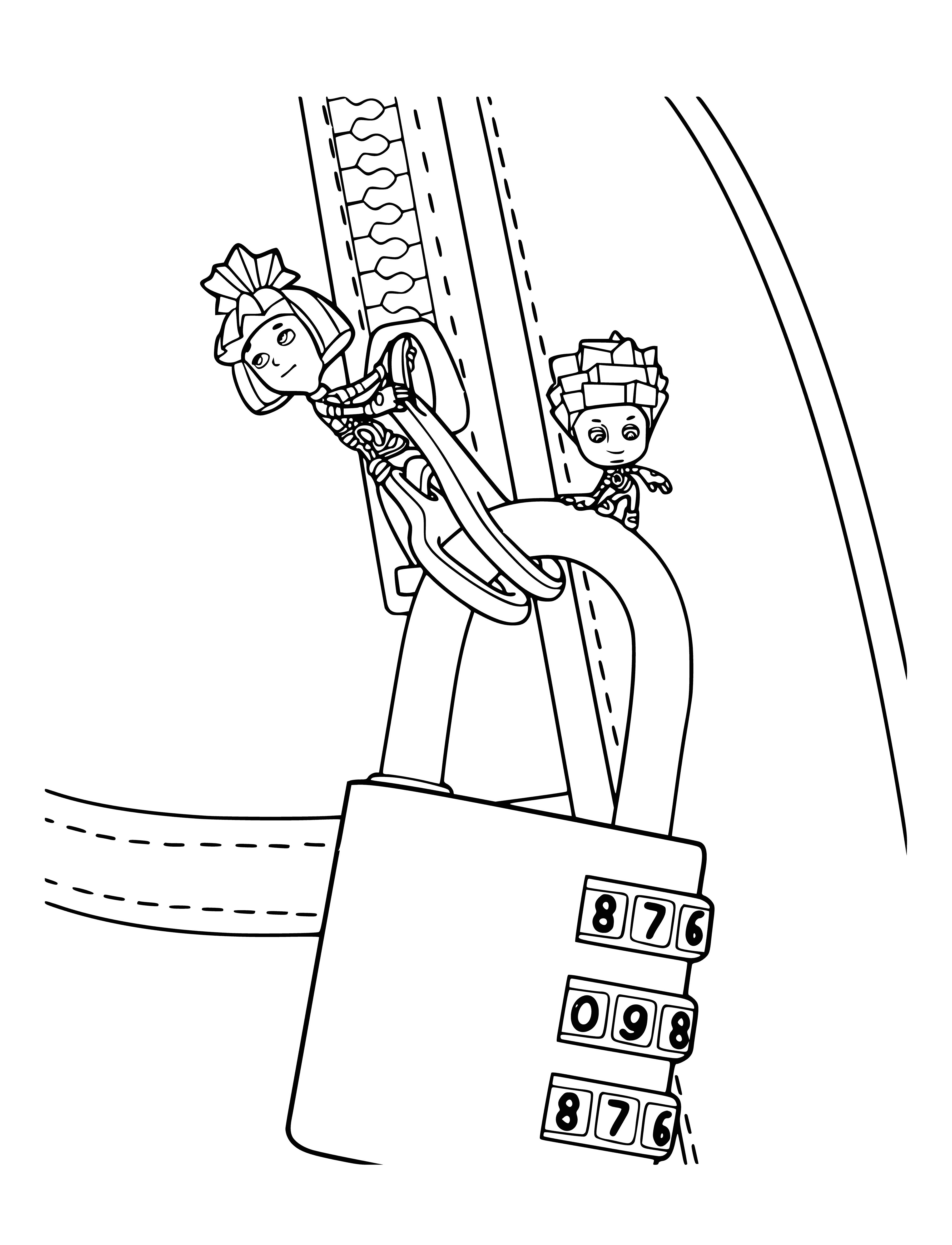 coloring page: Two Fixies are painting a castle in a beautiful green field. They hold a paintbrush and a can of paint, looking up at their task.