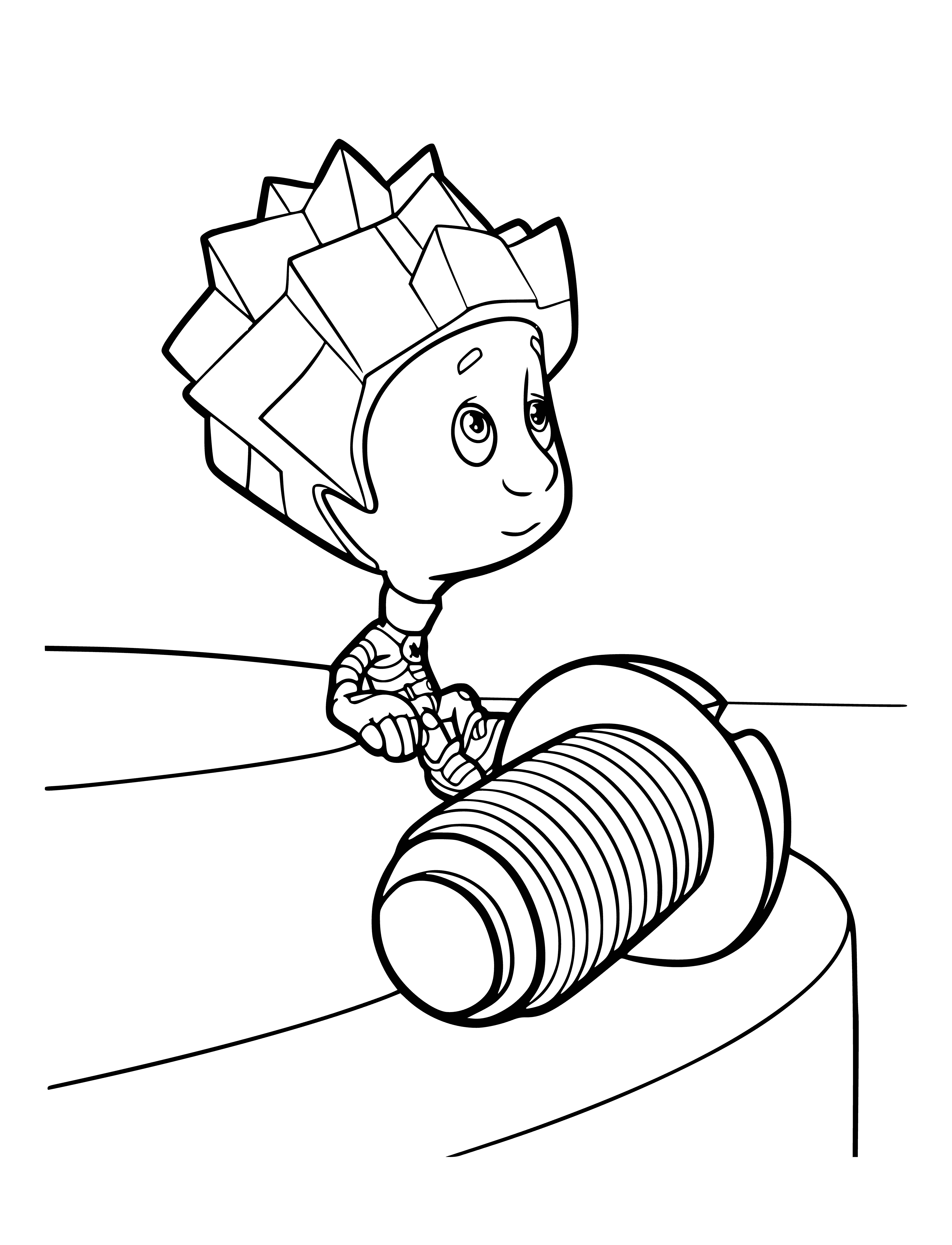 coloring page: Two Fixies, Zero & Cog, wear blue overalls. Zero is holding a book & pencil; Cog is holding a hammer. Together they stand on a table.