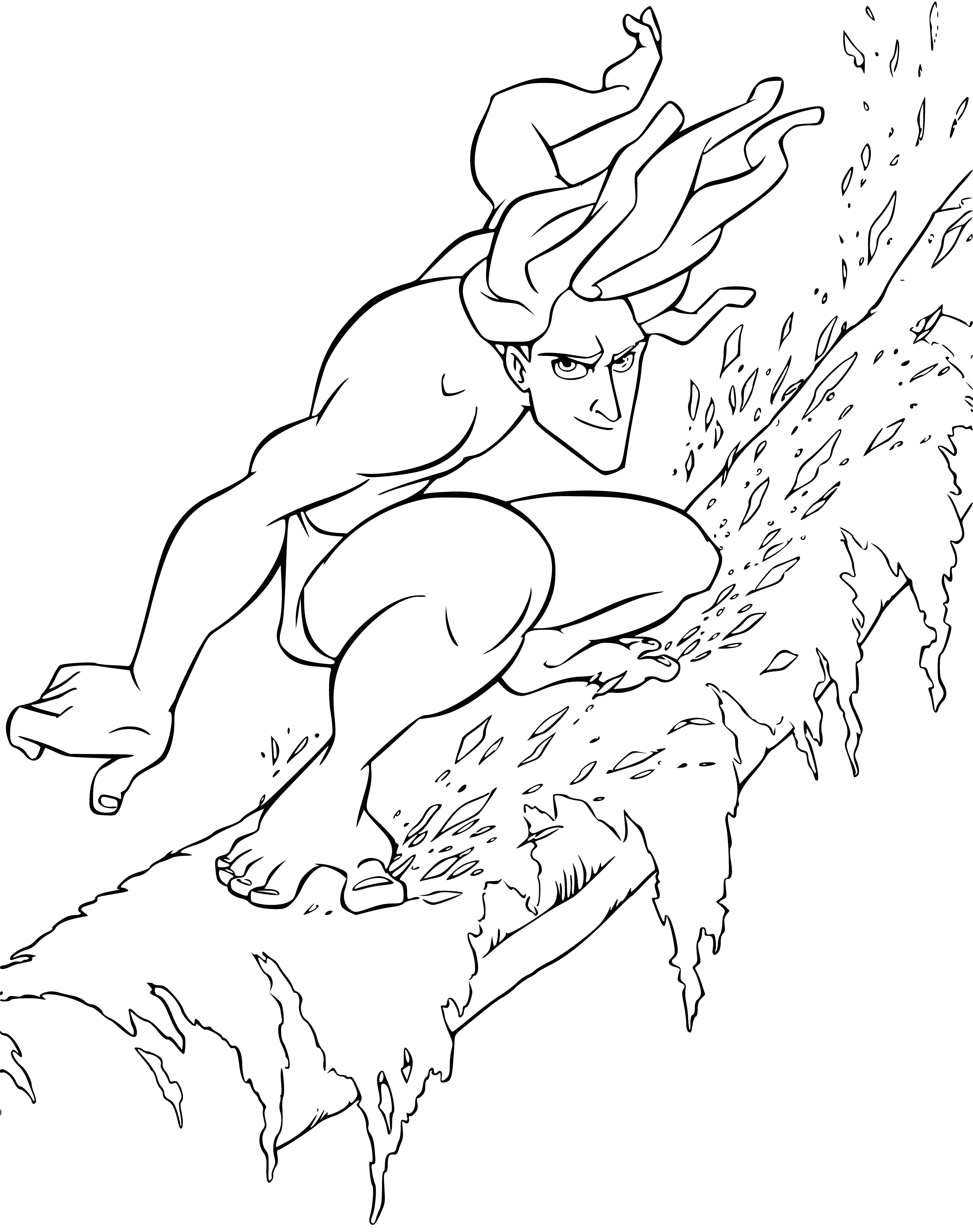 coloring page: A shirtless young man stands on a tree branch, outstretched with a loincloth around his waist and serious expression, long dark hair blowing in the wind.