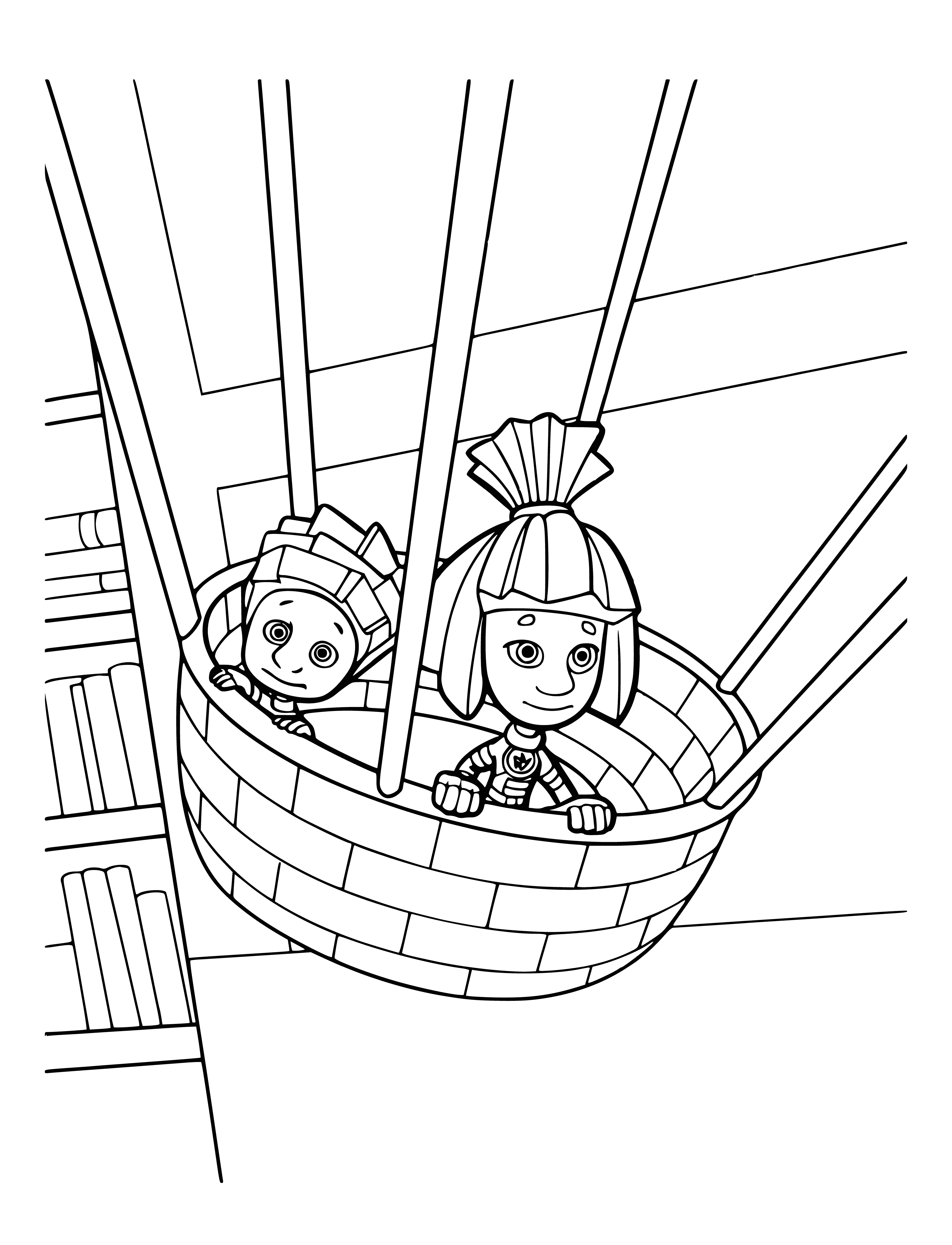 coloring page: Two Fixies, Nolik & Simka, in overalls & caps stand on a ladder, one with wrench & one with screwdriver, next to a lightbulb.