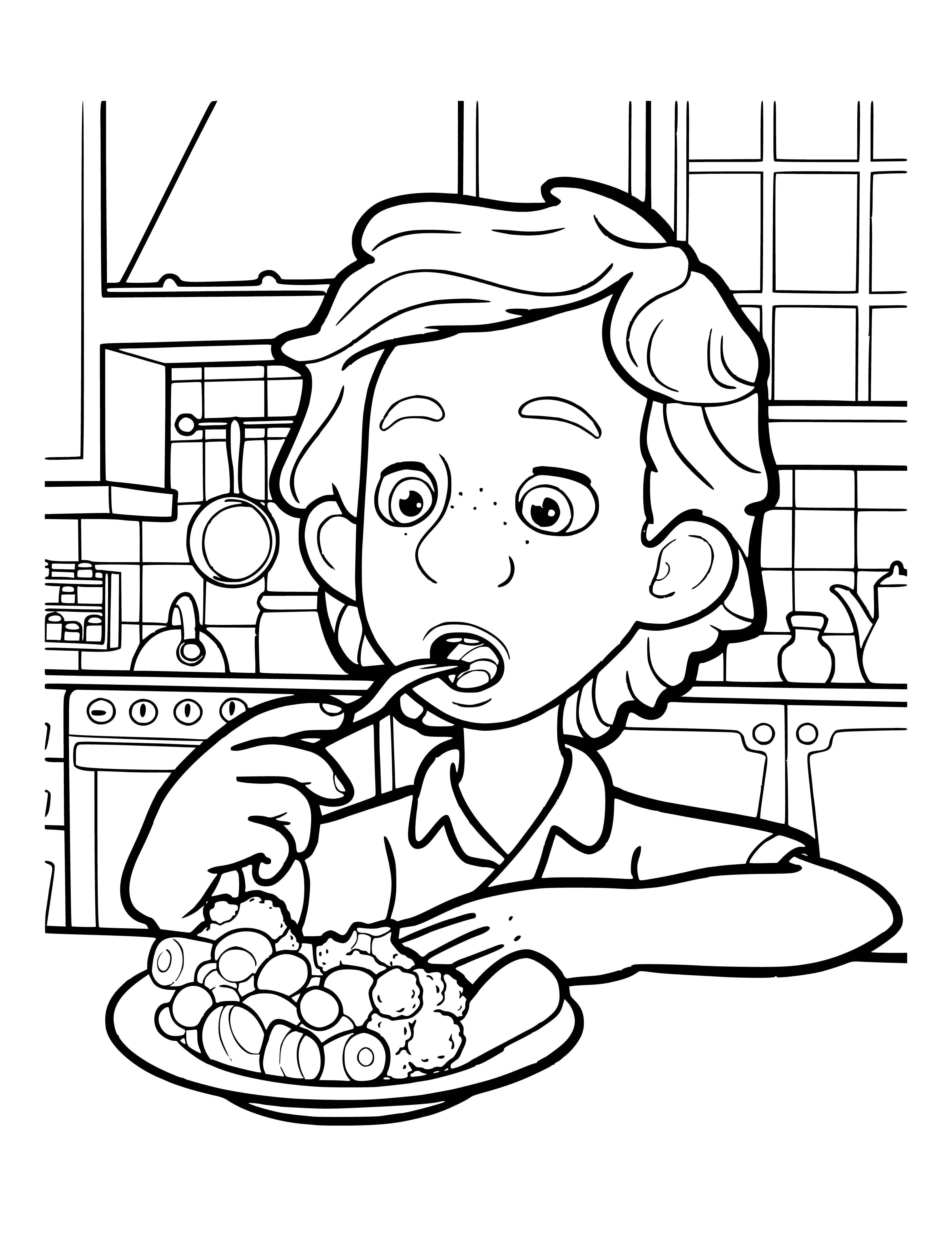 coloring page: Dimych is a tiny Fixie with a big head, blue clothes and black shoes, sporting a silver belt buckle.