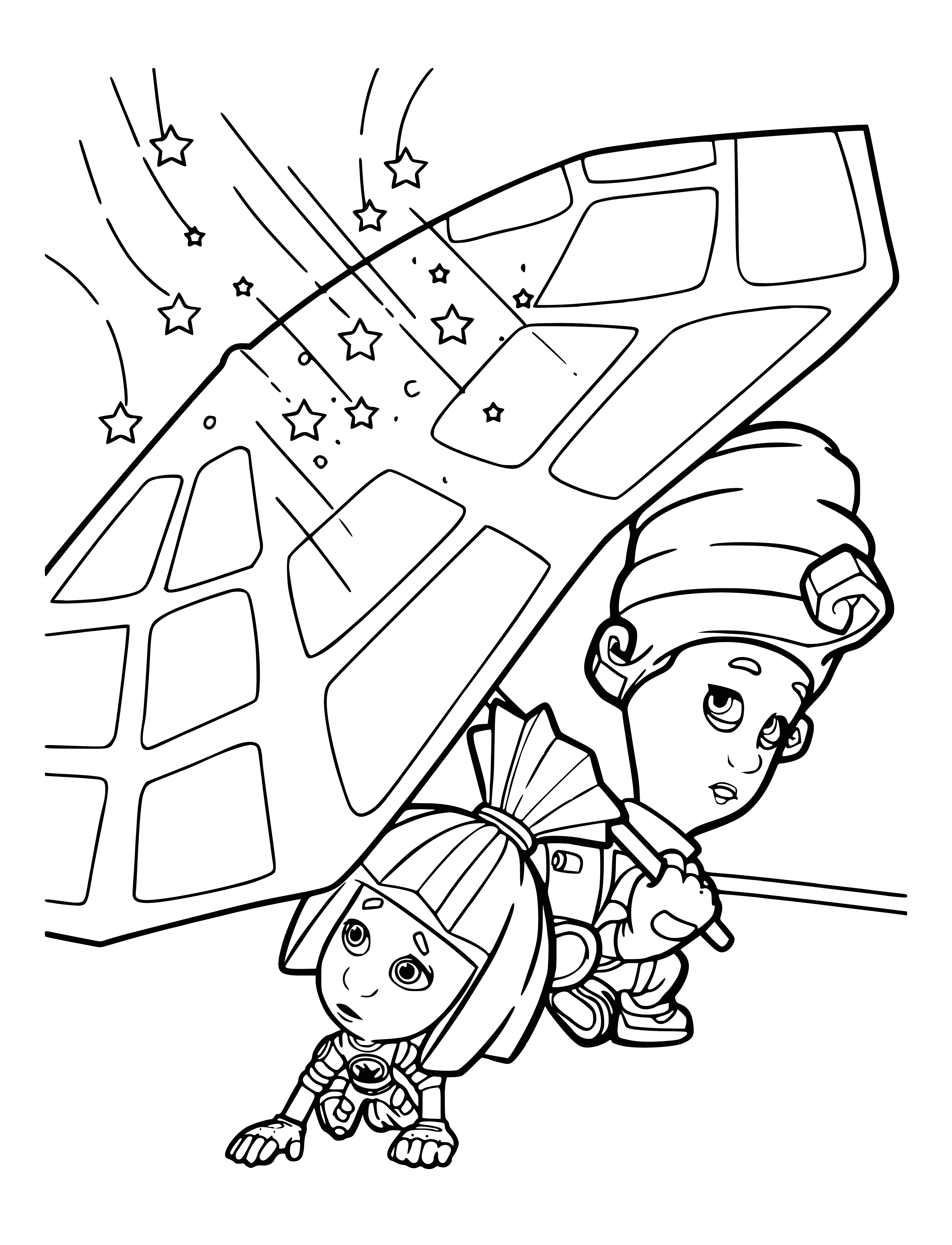 coloring page: Simka & Masya, wearing blue overalls & red accessories, hold hands & look lovingly into each other's eyes.