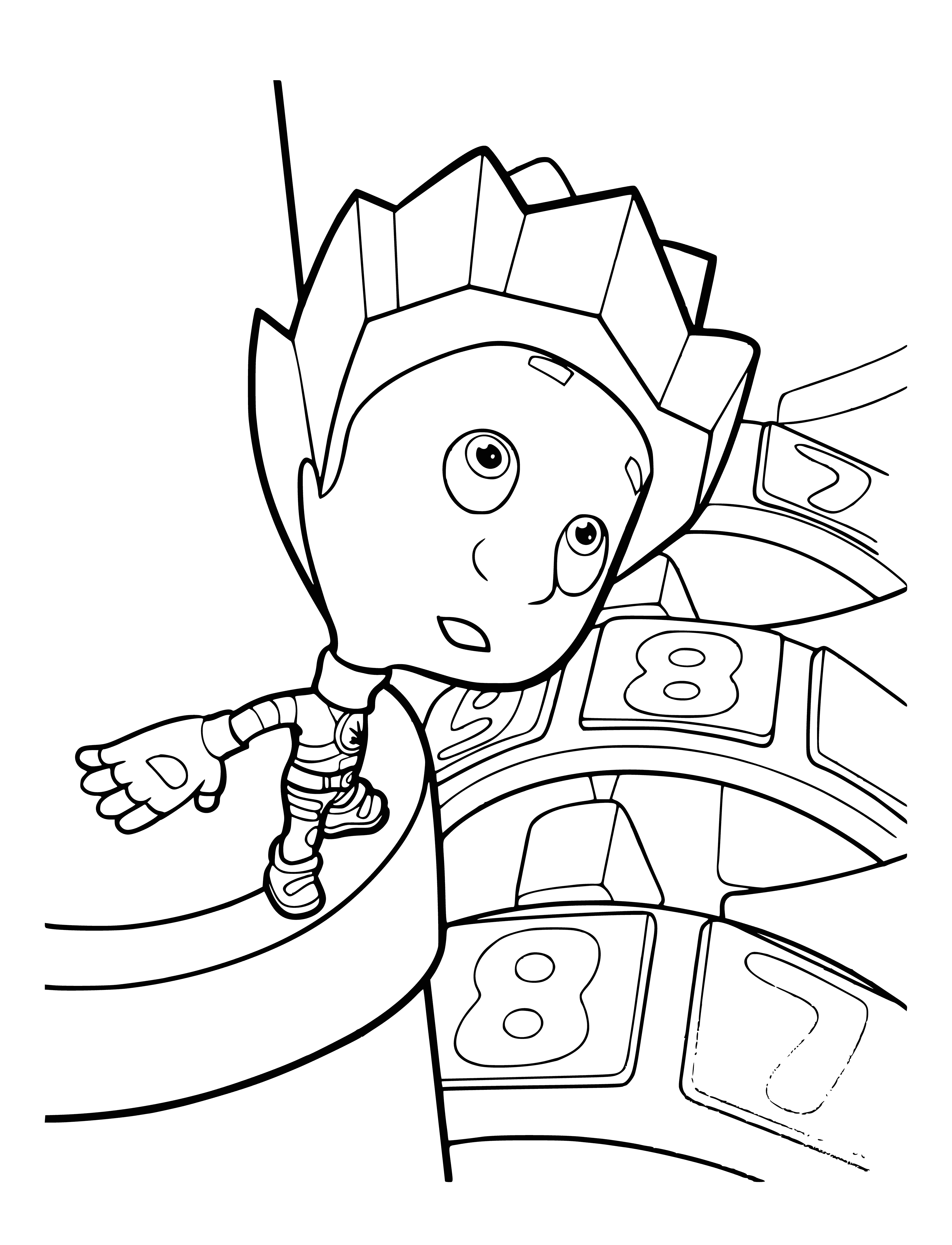 coloring page: Small orange robot w/blue eyes holds blue screwdriver in right hand, has big blue gear on back, 4 legs & 2 arms. #robots