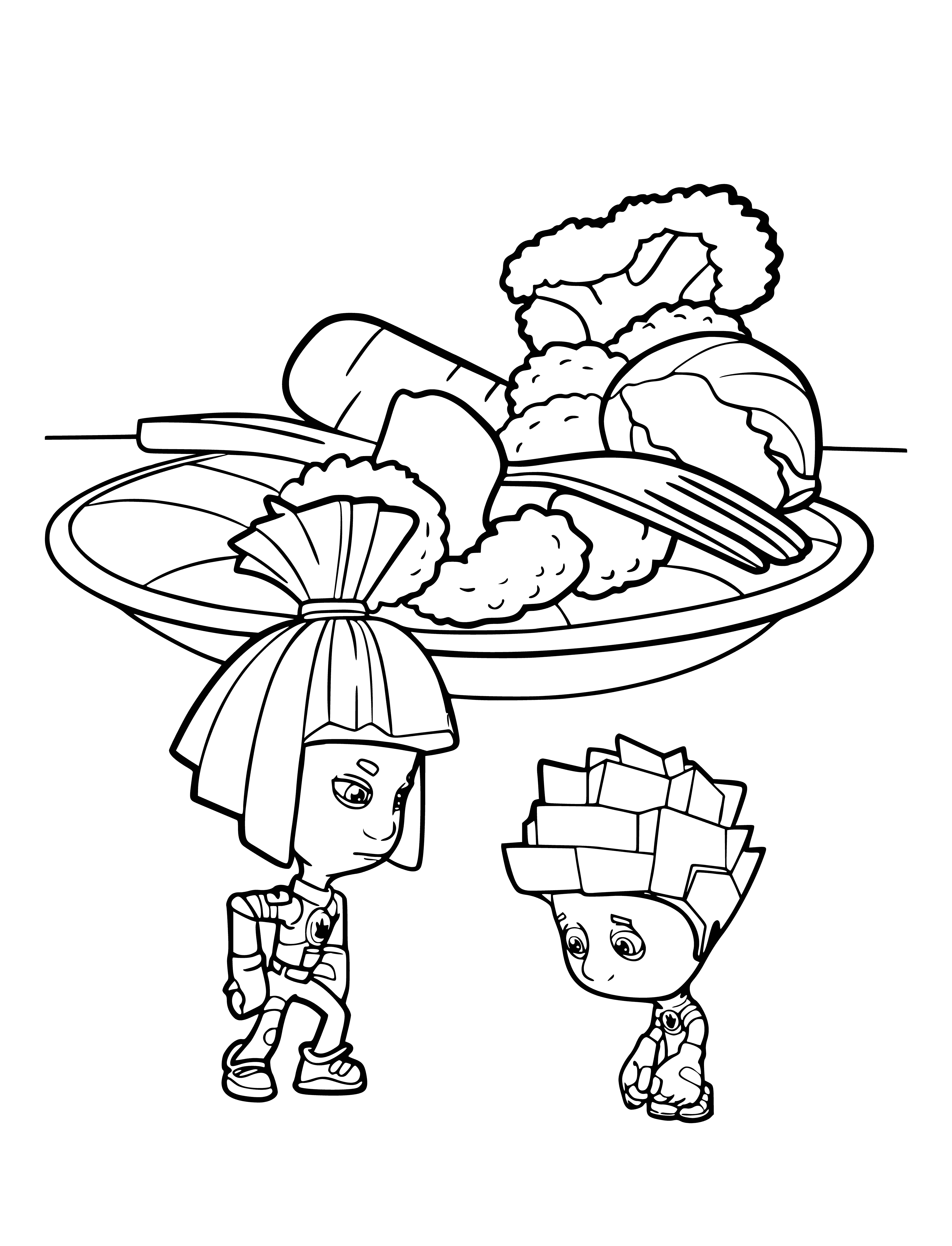 coloring page: Two metal creatures stand hand in hand, big headed & small bodies, 2 legs & 2 arms each. #ColoringPage