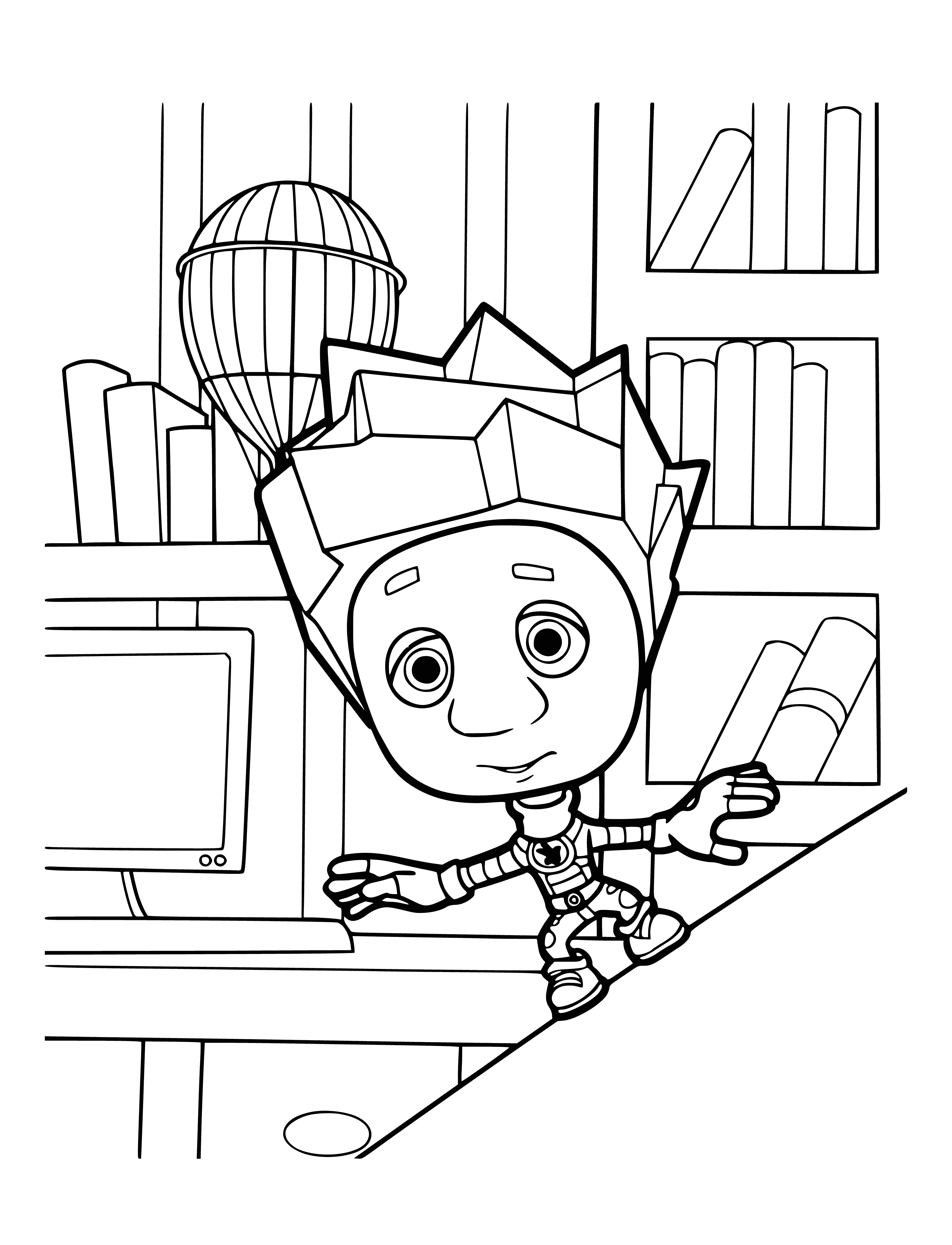 coloring page: Robot holds flower, has red heart & yellow pencil on checkerboard, perfect for a coloring page.