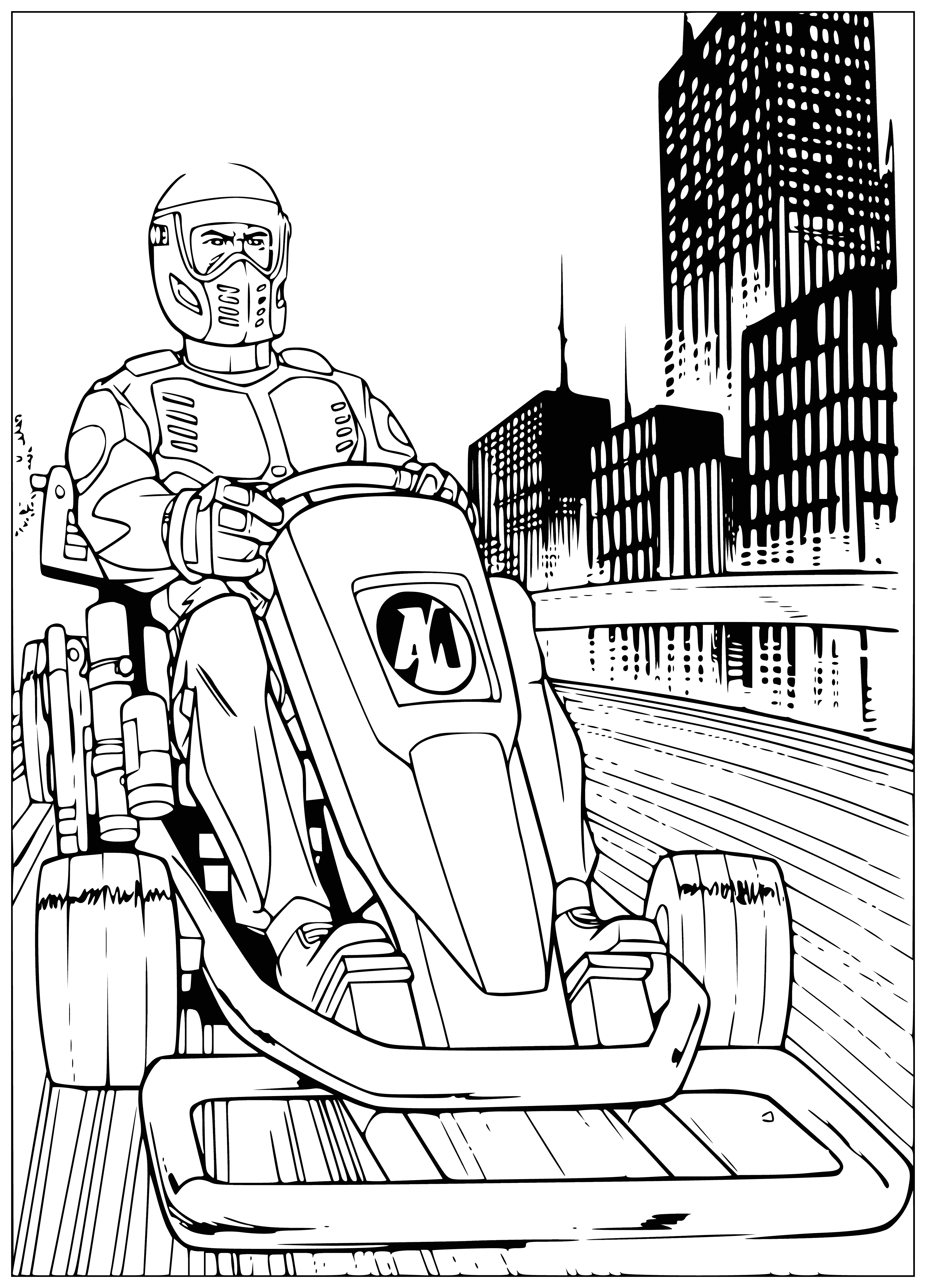 coloring page: ActionMan Kart: red car w/black stripe, 4 black tires, yellow windshield, removable top. Comes w/ActionMan figure.