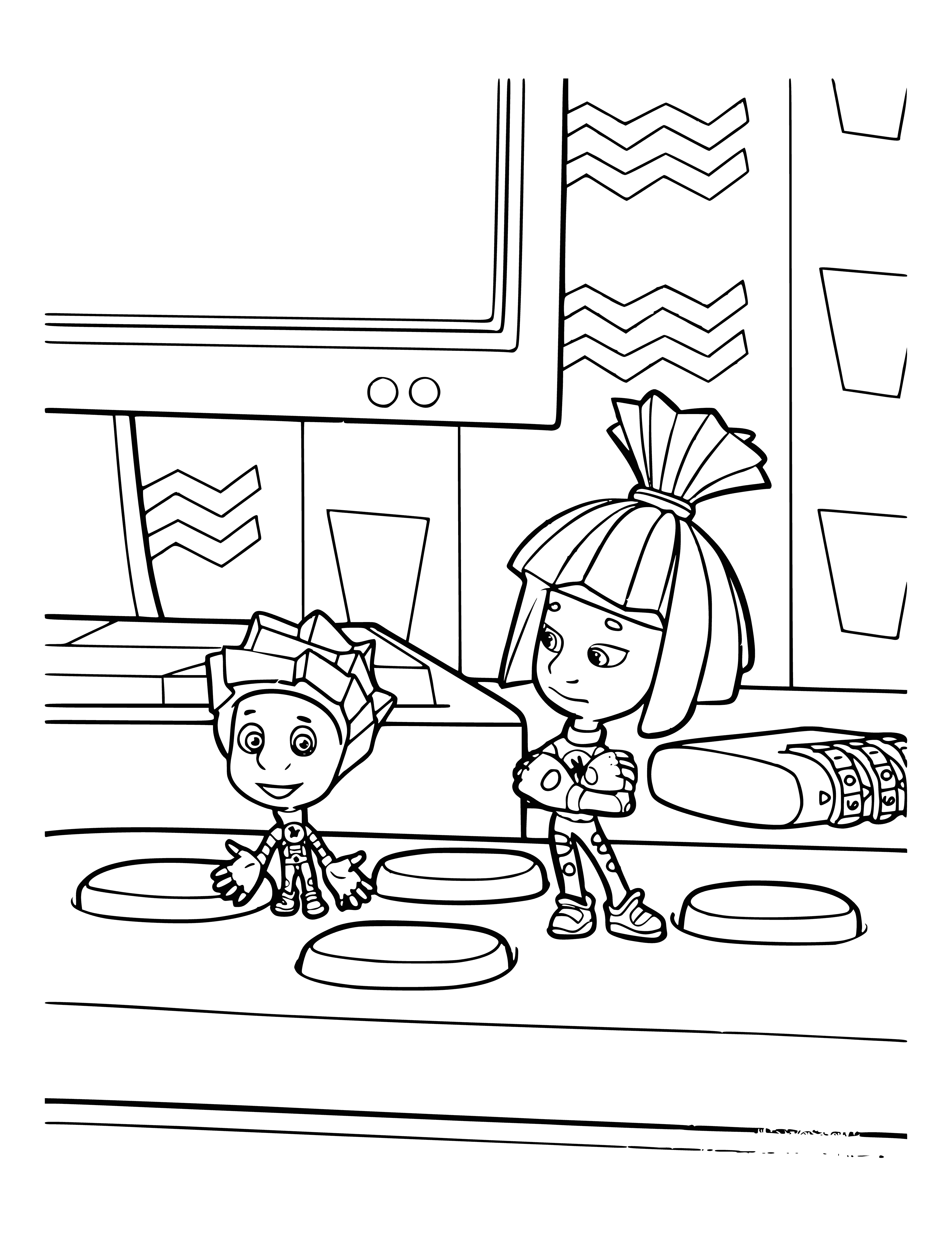 coloring page: Two fixies: boy & girl, black hair & clothes with white stripes, white shoes; before a white background.