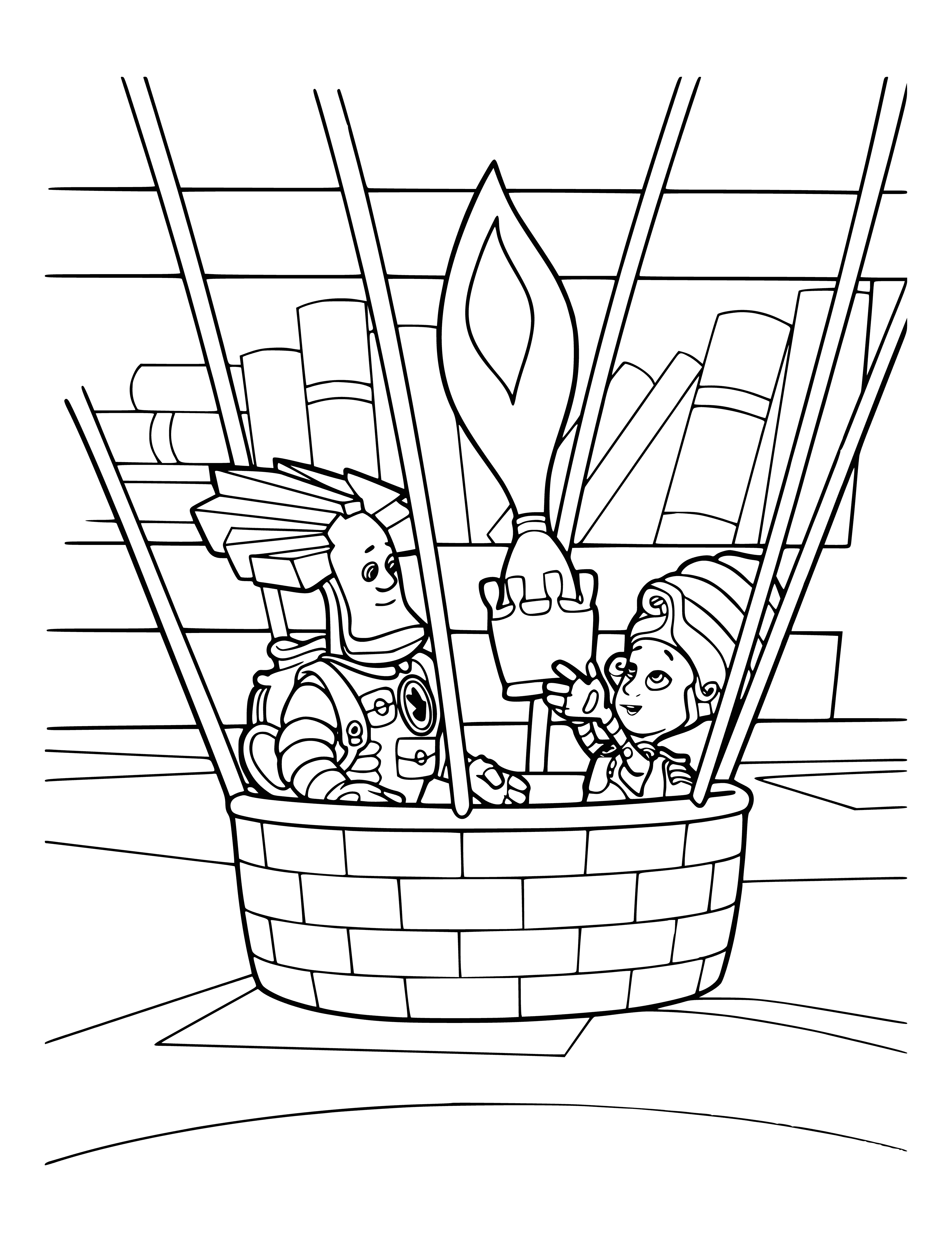coloring page: The Fixies are two cheerful creatures who live and work inside appliances. They each have a toolbelt and hold a hammer and a screwdriver, respectively.