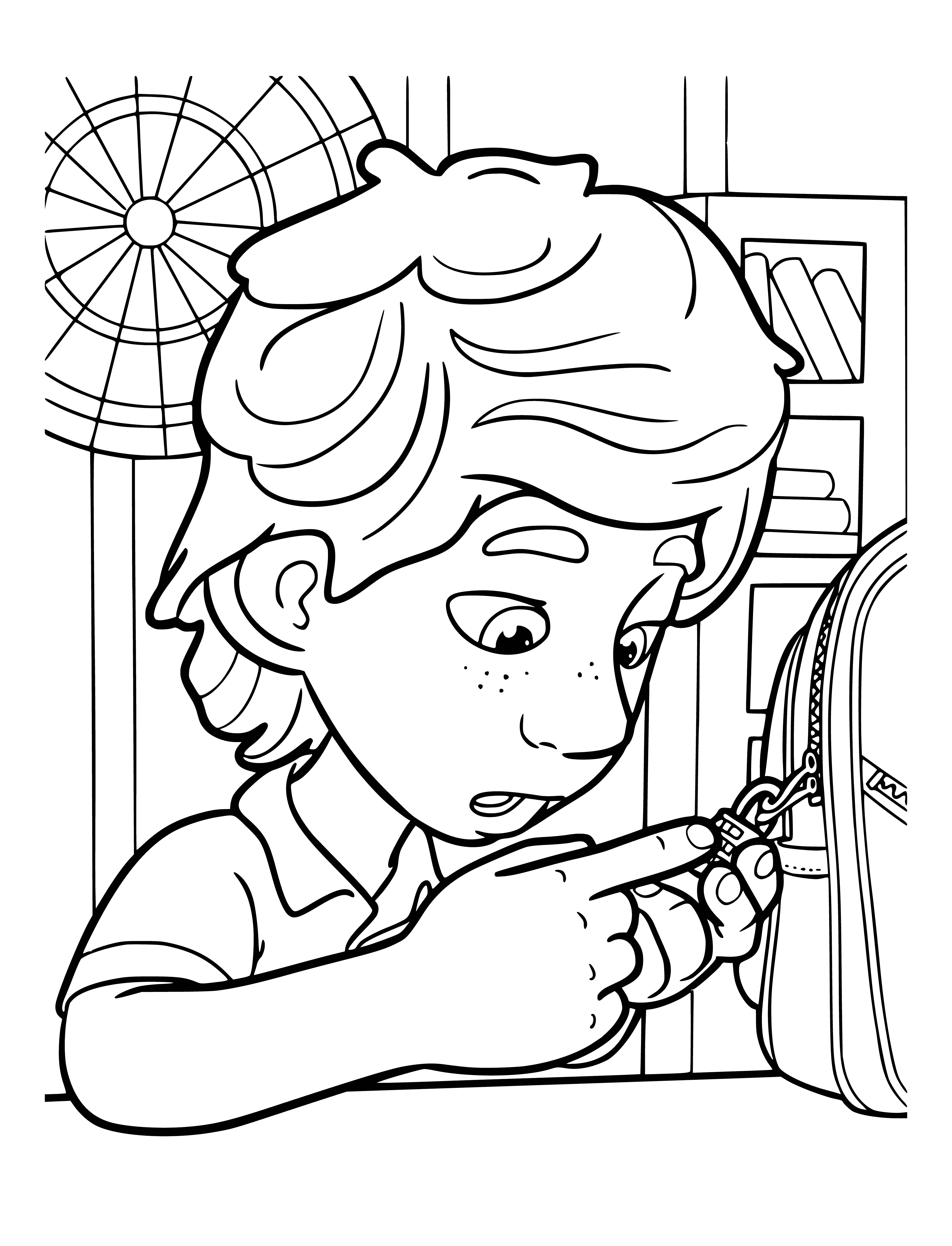 coloring page: Boy Dim Dimych sits on a stool, holding a car and a Fixie with a screwdriver stands in front of him. Blue shirt, brown hair. #fixies