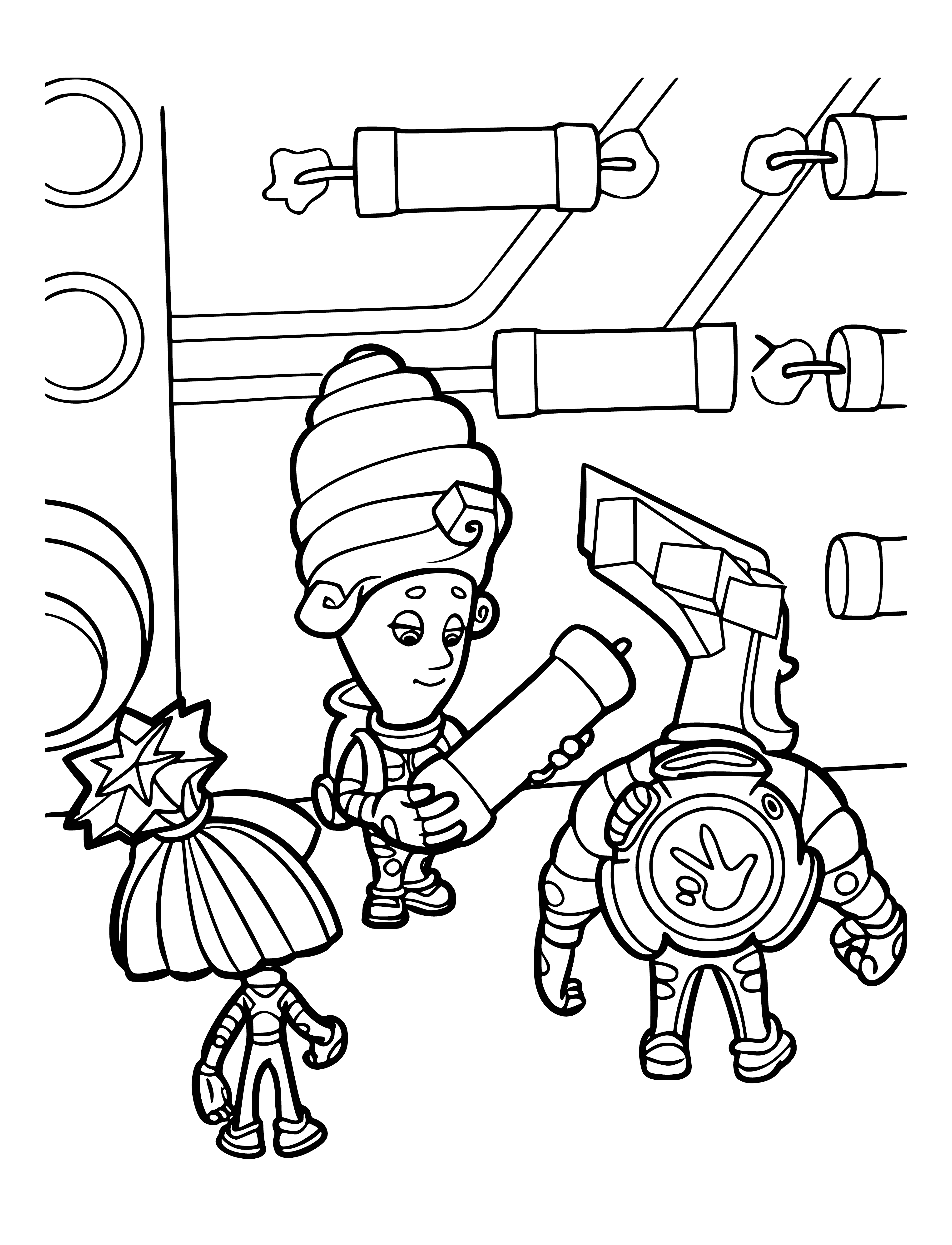 coloring page: 5 Fixies standing in a row on a white background. From L-R: blue eyes & red hat, green eyes & brown hat, yellow eyes & blue hat, brown eye & green hat, blue eye & yellow hat.