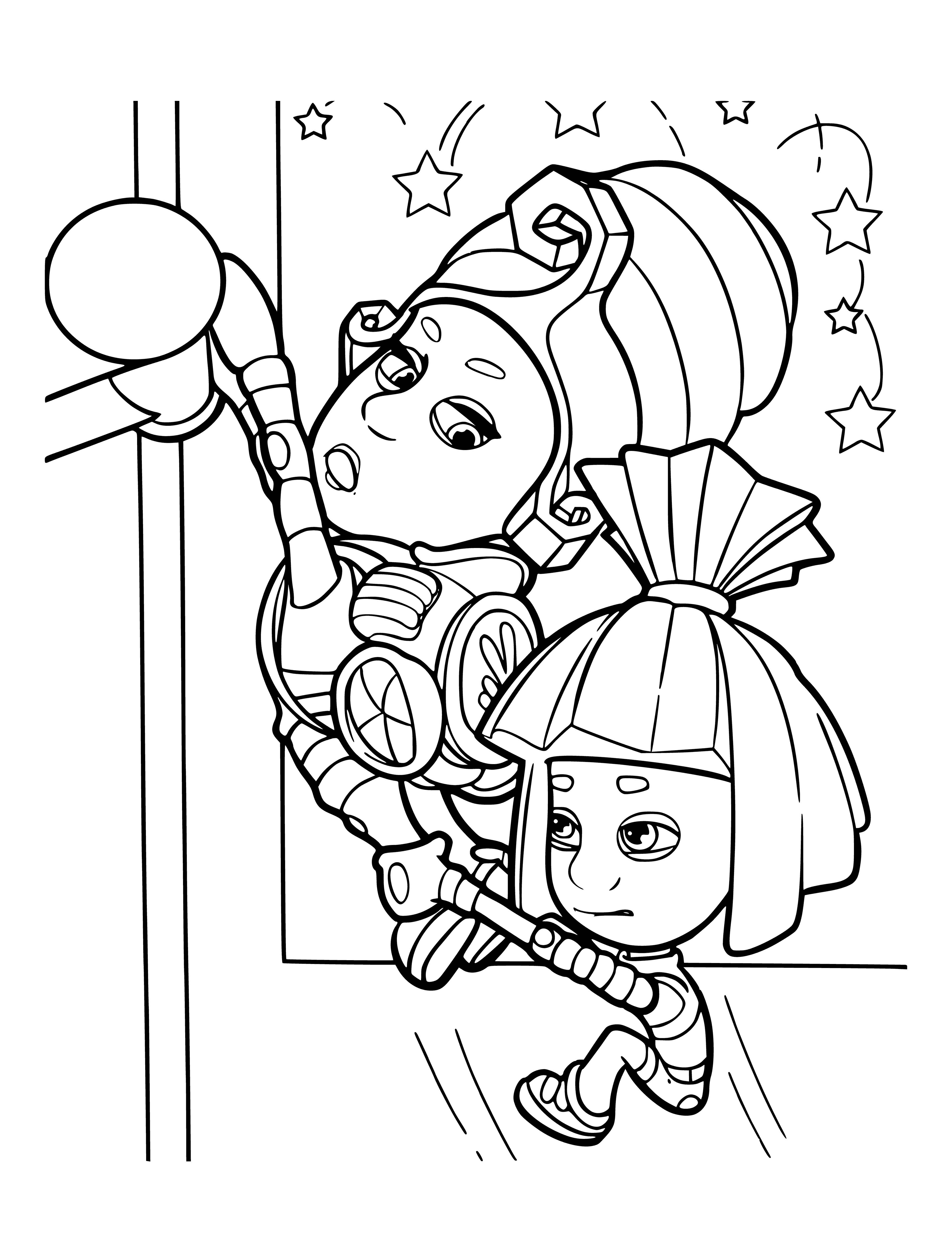 coloring page: Adorable 'Simka & Masya' creatures have long limbs, big heads, small bodies, and wear overalls, hats, w/tools in hands.
