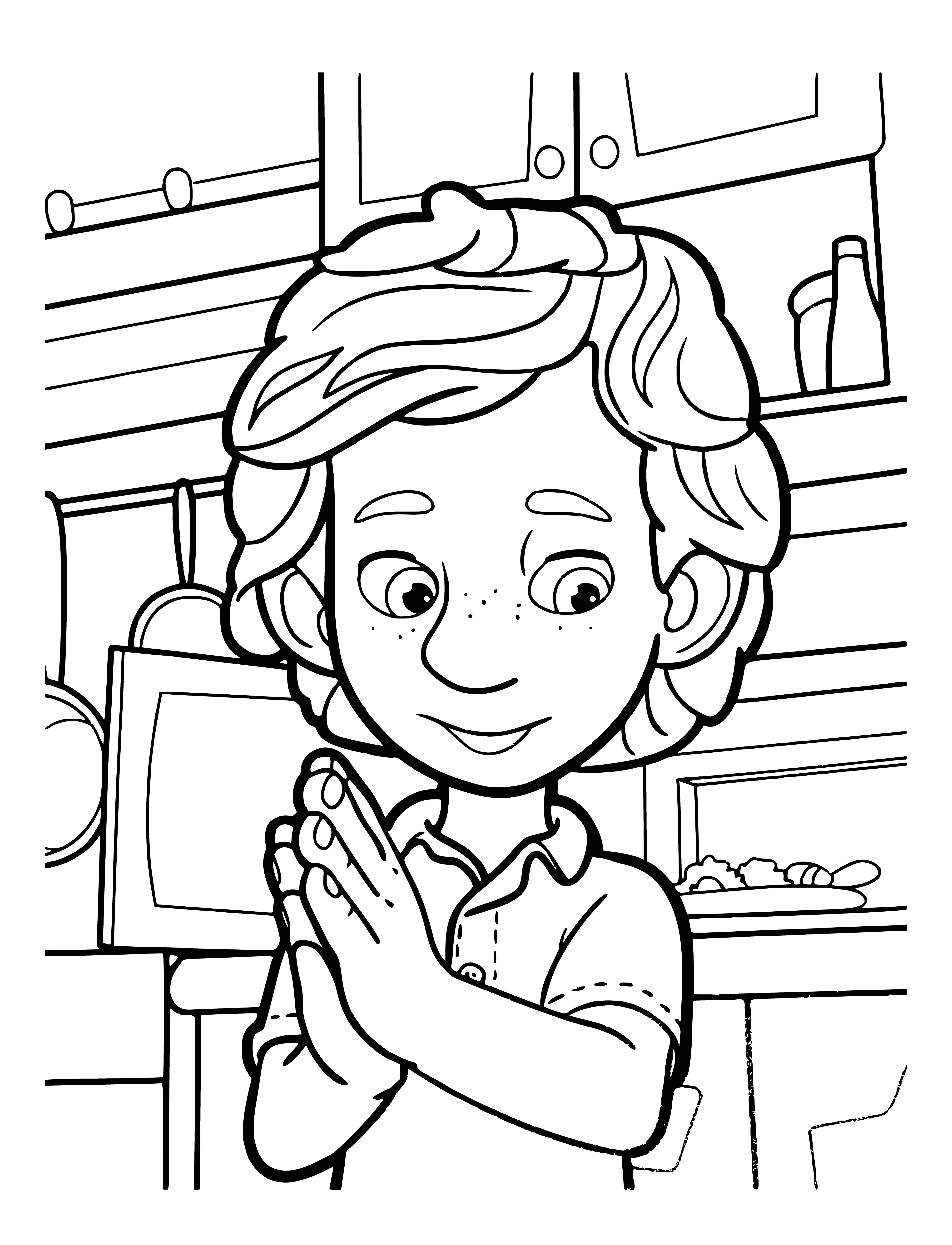 coloring page: Dimych is one Fixie, wearing blue & white, holding screwdriver & light bulb, smiling on ladder next to lightbulb.