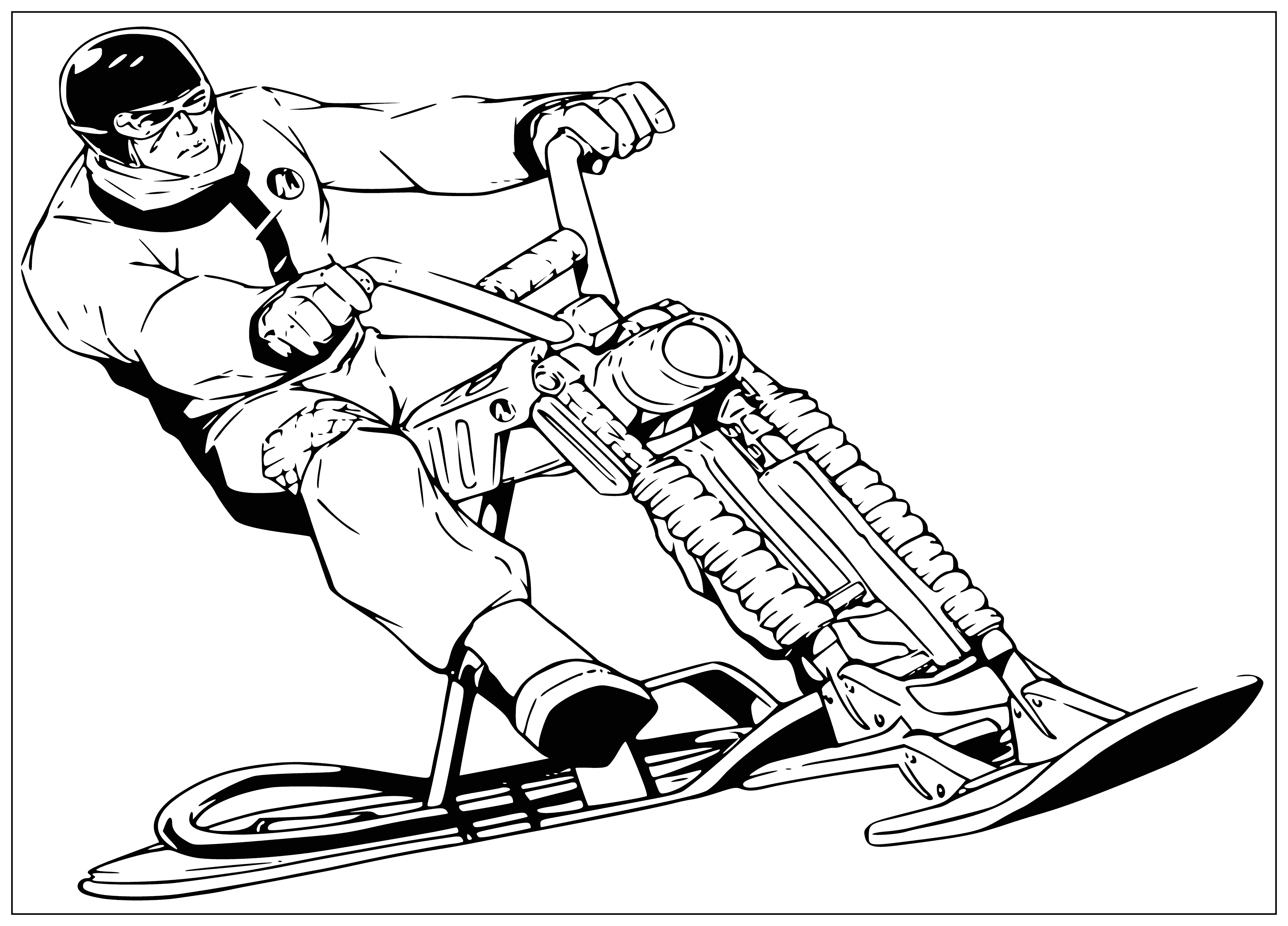 coloring page: ActionMan drives snowmobile, waving, surrounded by snowy field & Christmas tree.