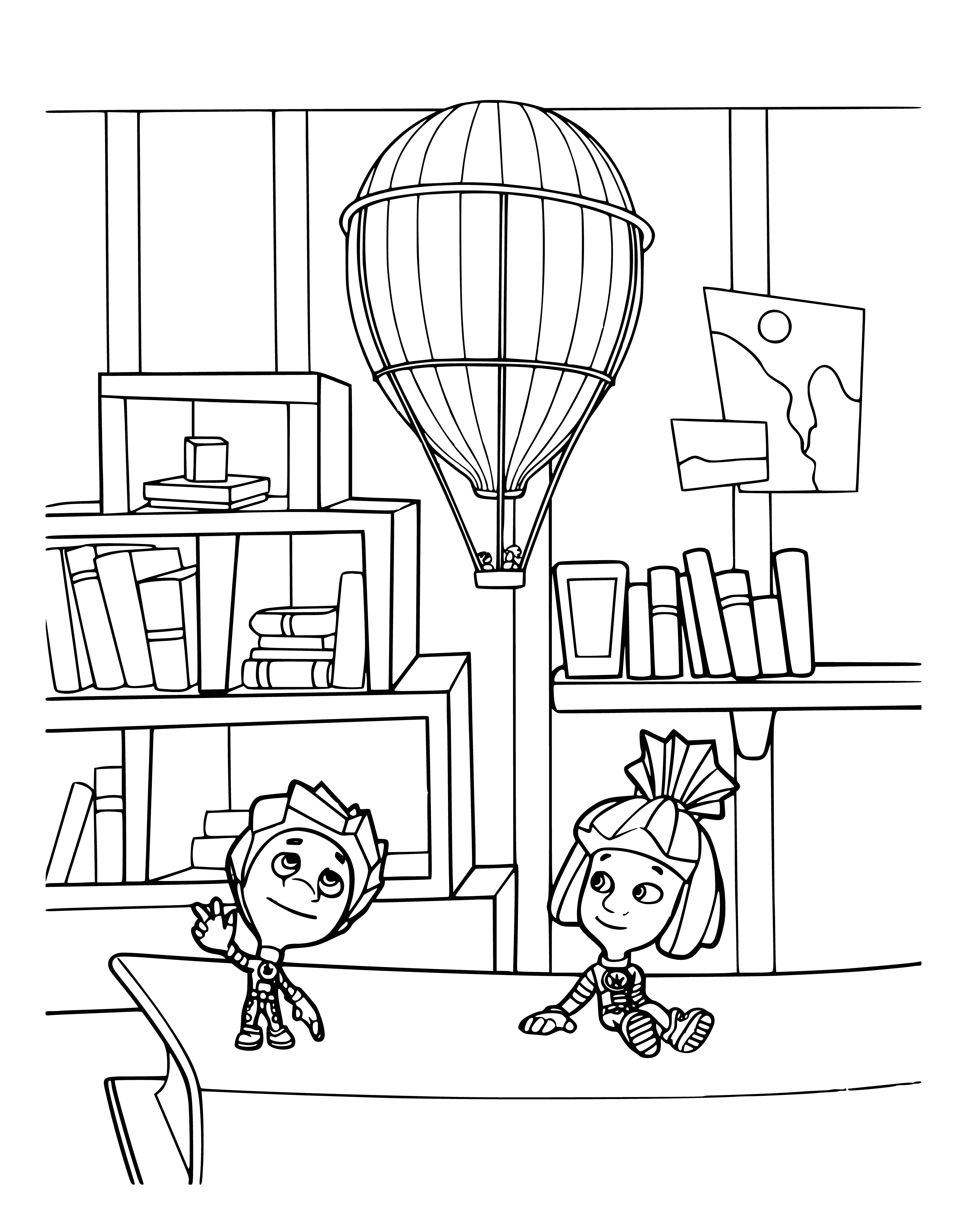 coloring page: Simka & Nolik, two creatures in blue overalls, use tools on a ladder to inspect something on the wall.