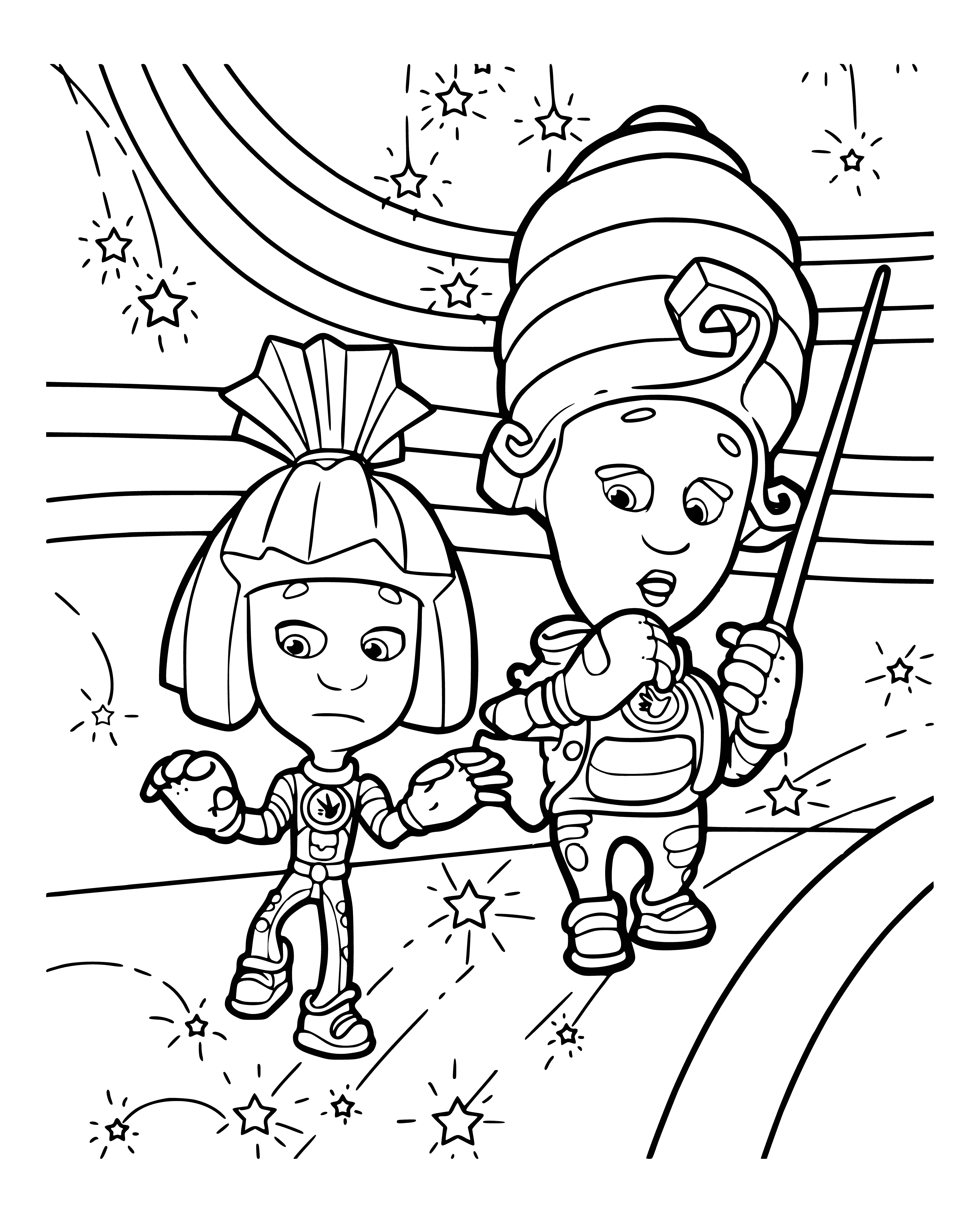 coloring page: Two Fixie people, Baby Mamas and Simka, smiling in front of a big green house. #fixies #friends