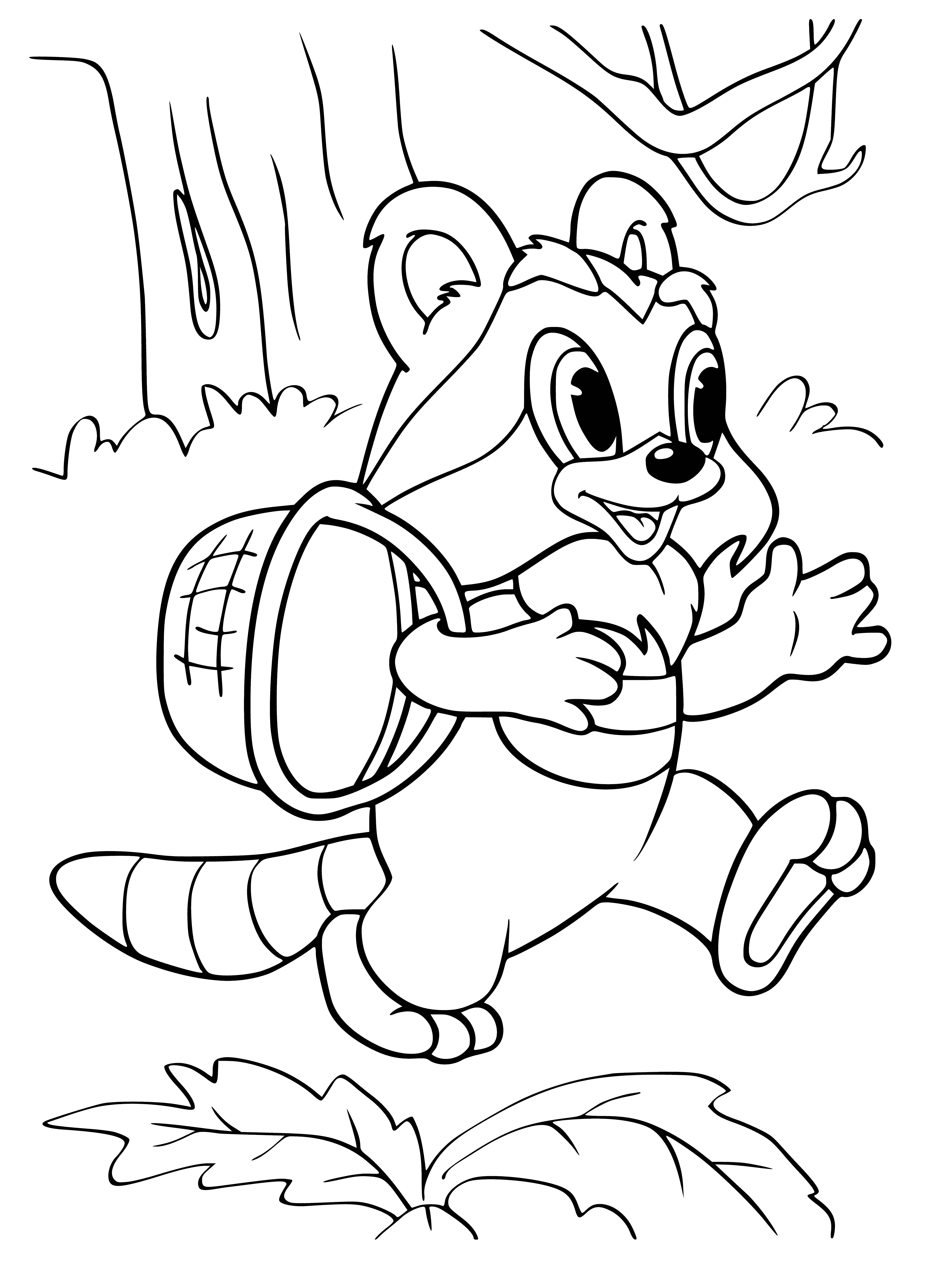 coloring page: A cute raccoon stands on hind legs, with front paws in the air & a long bushy tail, wearing a black mask around its eyes. Looking up at something mysterious! #CutenessOverload