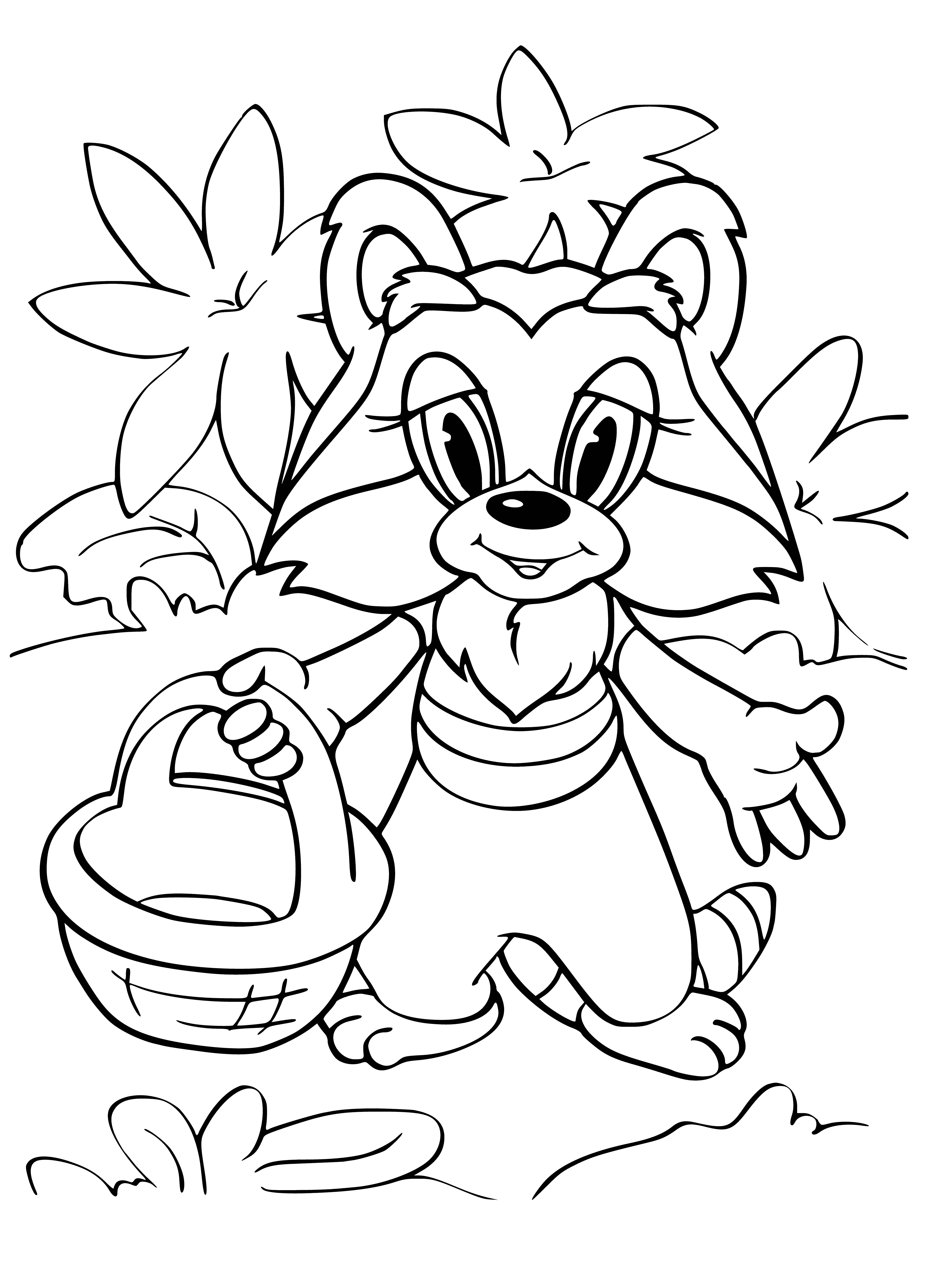 coloring page: Raccoon w/basket, blue bow, looks in basket, surprises await!
