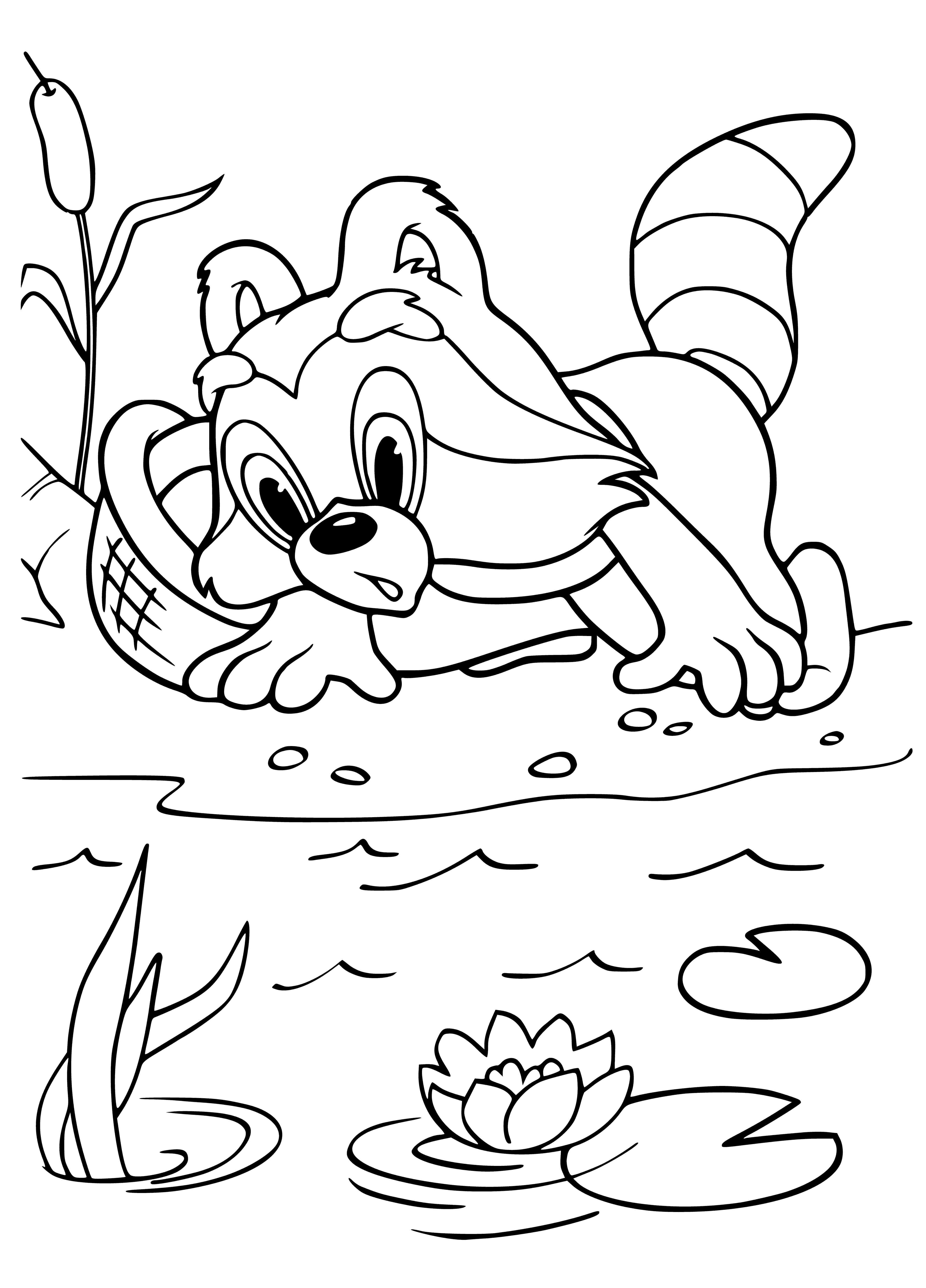 coloring page: A raccoon enjoys the view at a pond, surrounded by plants and trees atop a rock.