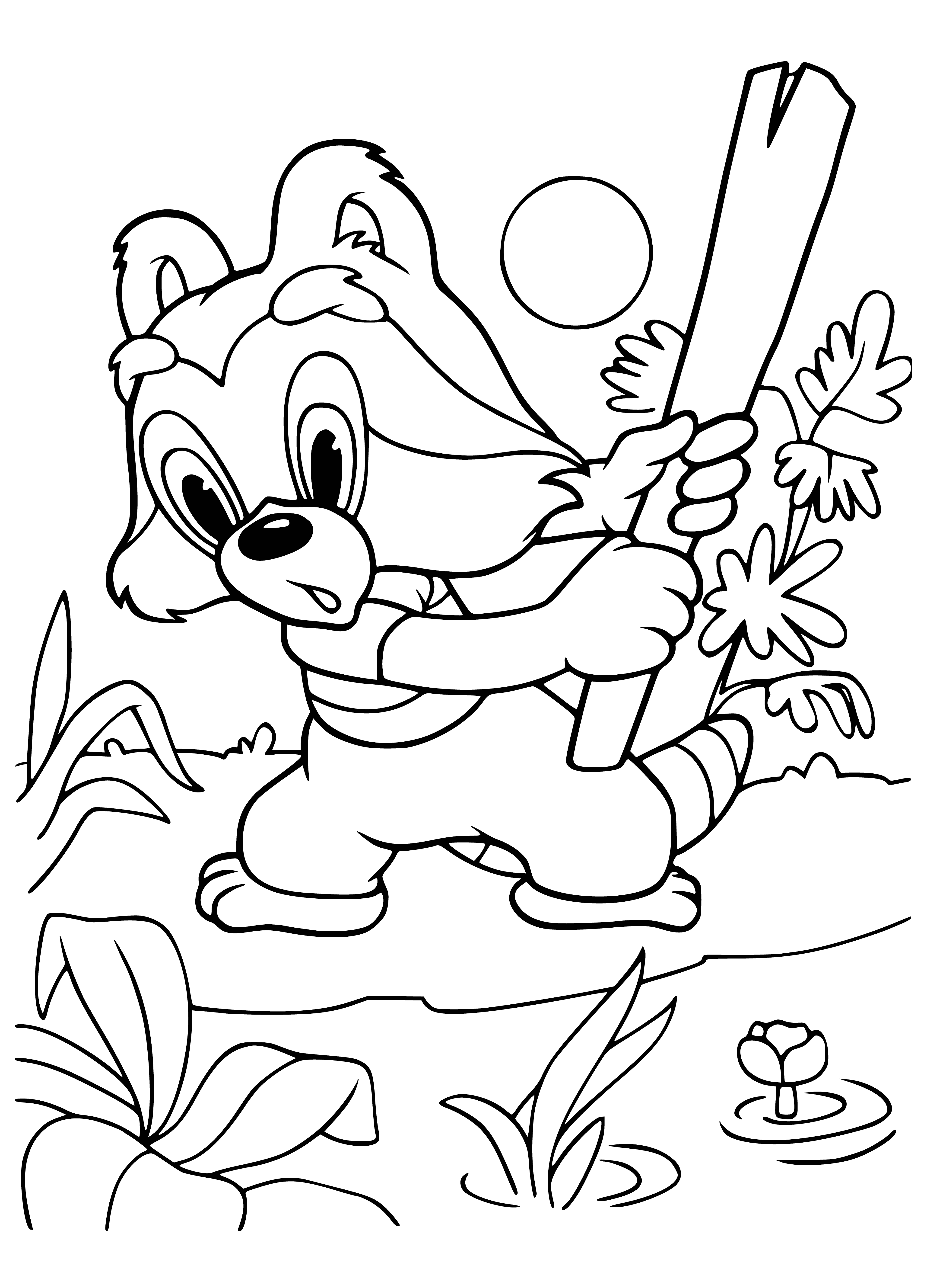 coloring page: A small raccoon stands tall, holding a stick in its paws. Gray fur with a black stripe down its back. #CuteAnimals