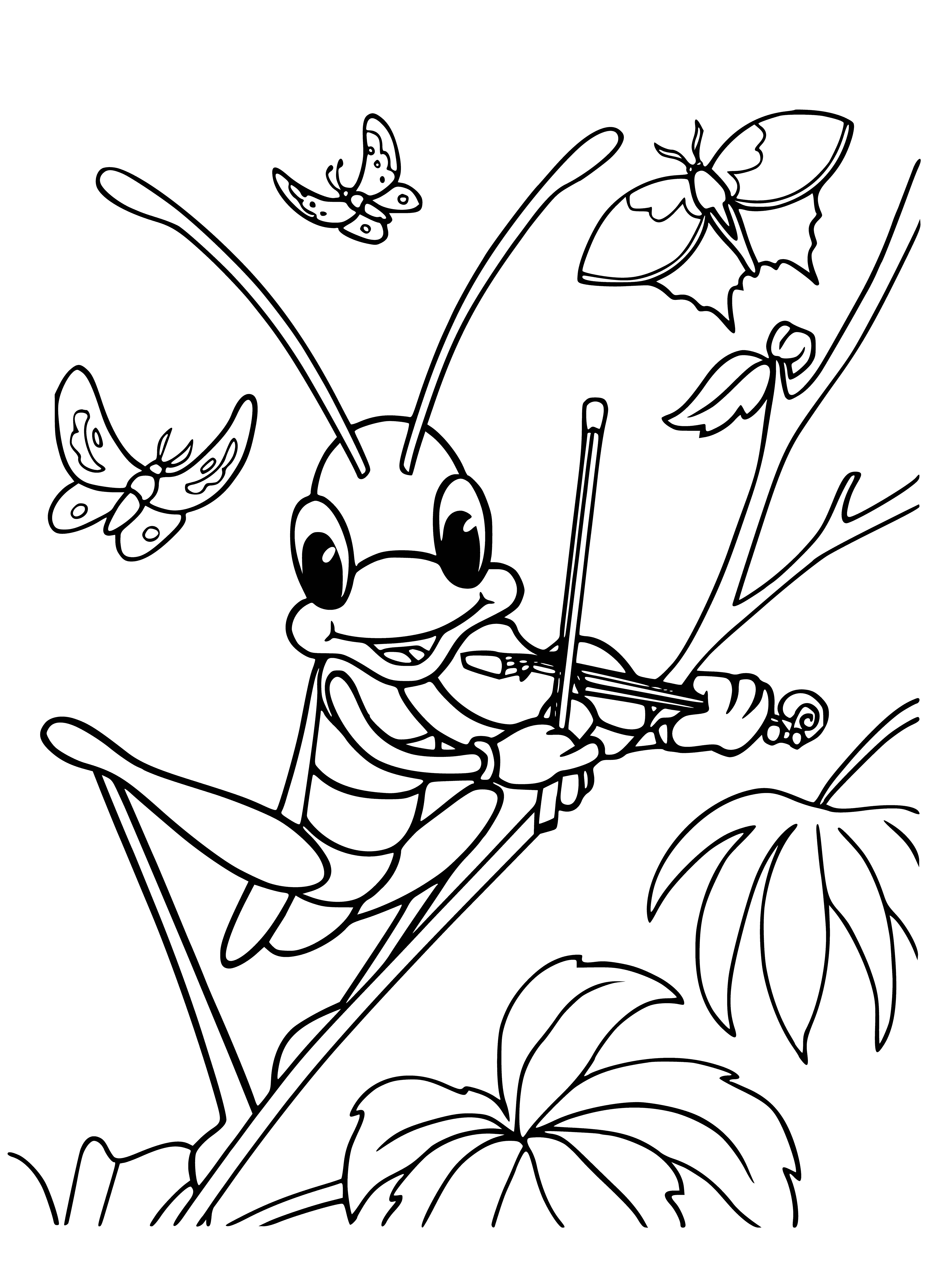 coloring page: Grasshopper plays violin; Little Raccoon delightedly listens with paws on the ground.
