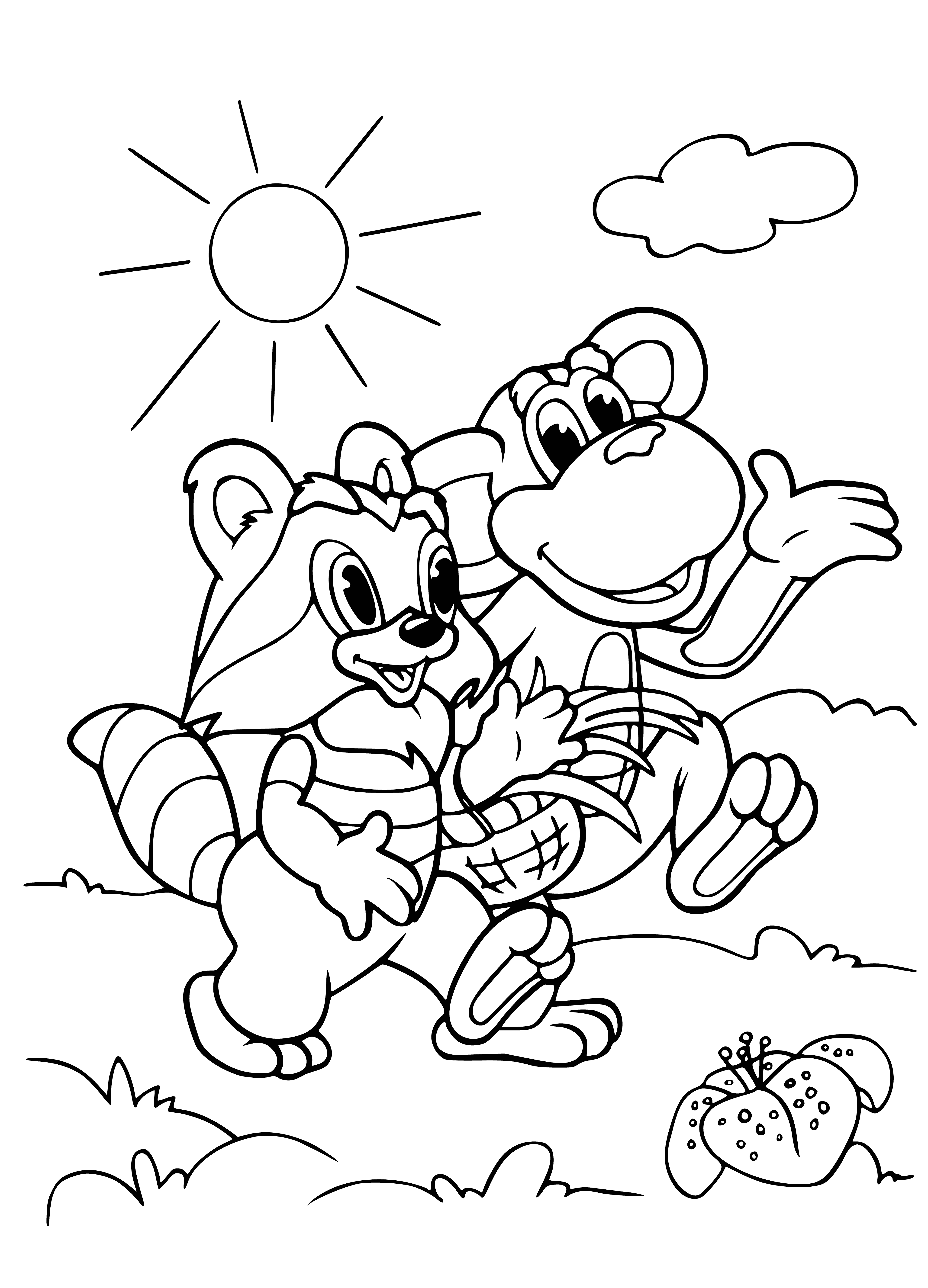 coloring page: Raccoon stands on banana peel held by grinning monkey, ready to fall.