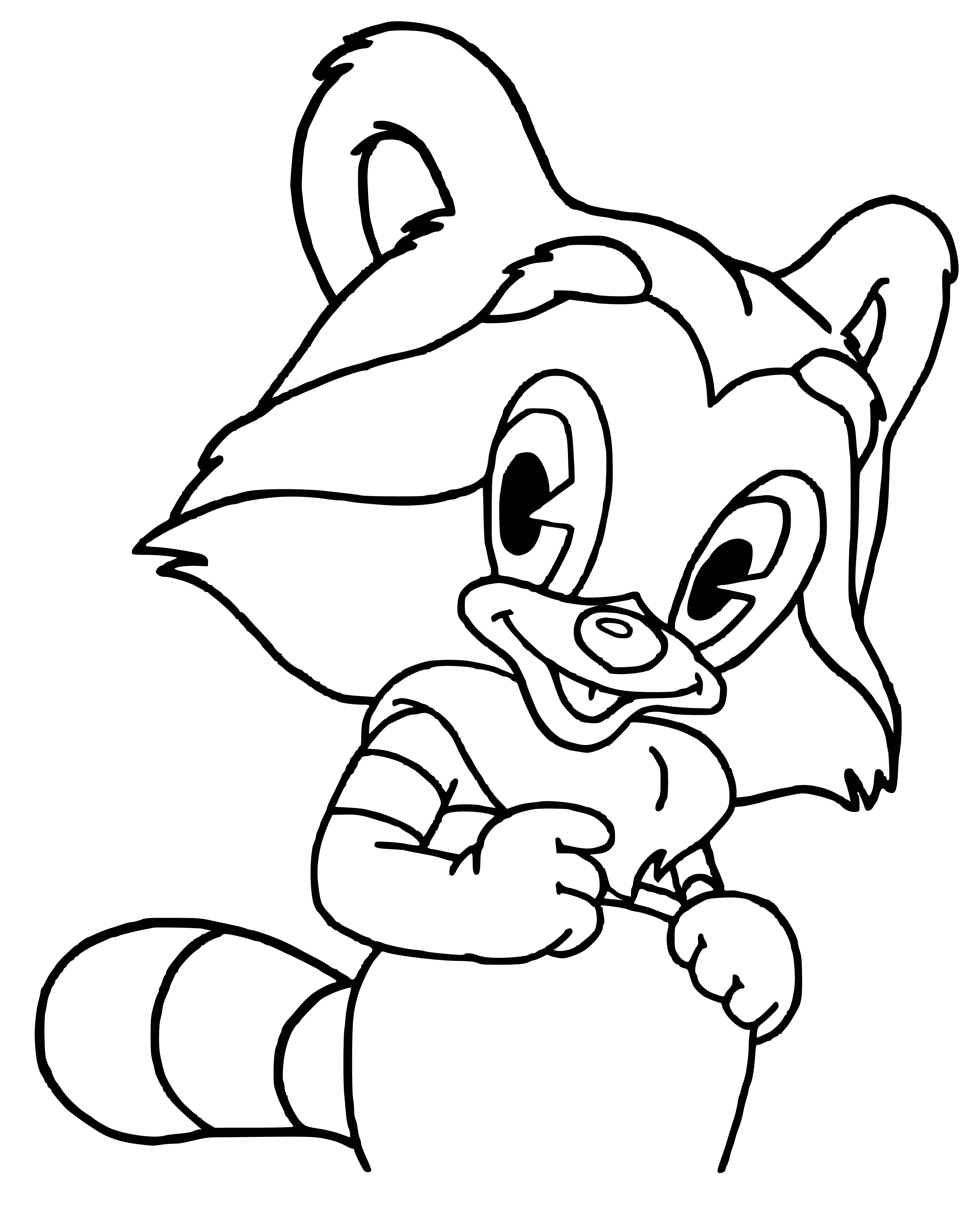 coloring page: A small, brown & white raccoon is chew.ing on a green leaf, with a bushy tail & black mask around its eyes. #ForestLife