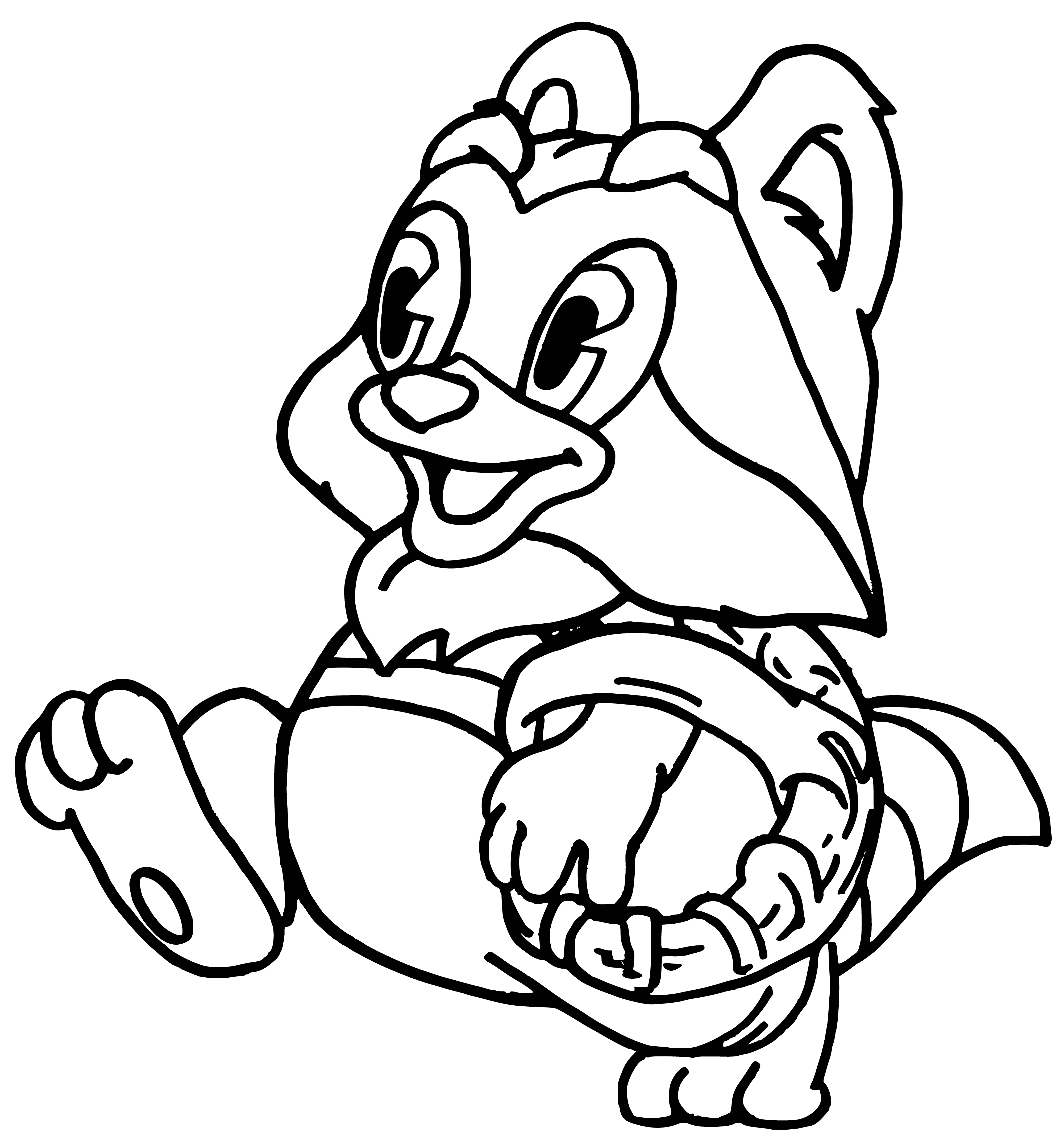 coloring page: Small, brown and white raccoon stands in center of coloring page, tail curled around body. Leaves and branches in background.