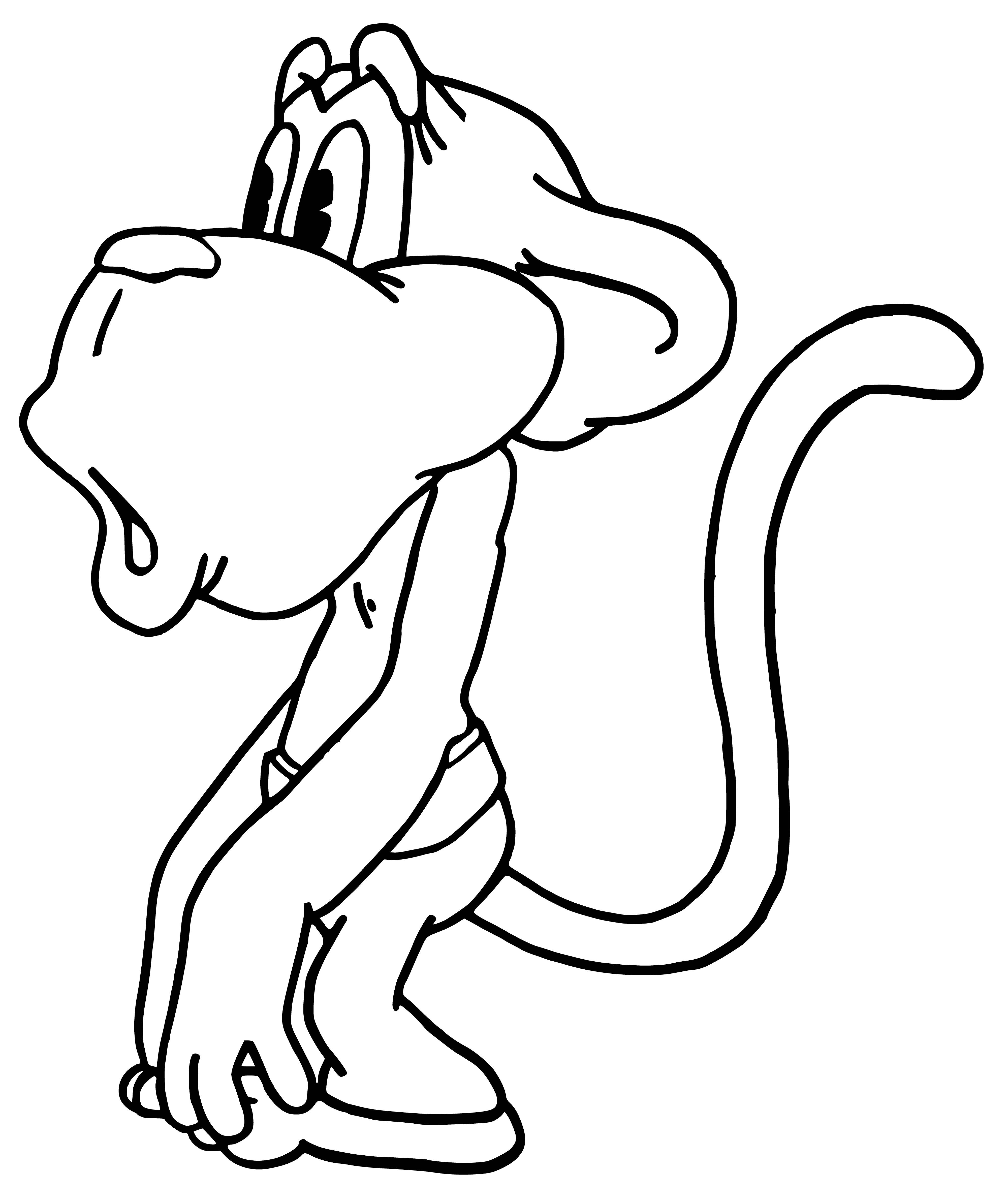 coloring page: A small raccoon hugs a tree, with brown and white fur and a long fluffy tail. Open mouth reveals its teeth.