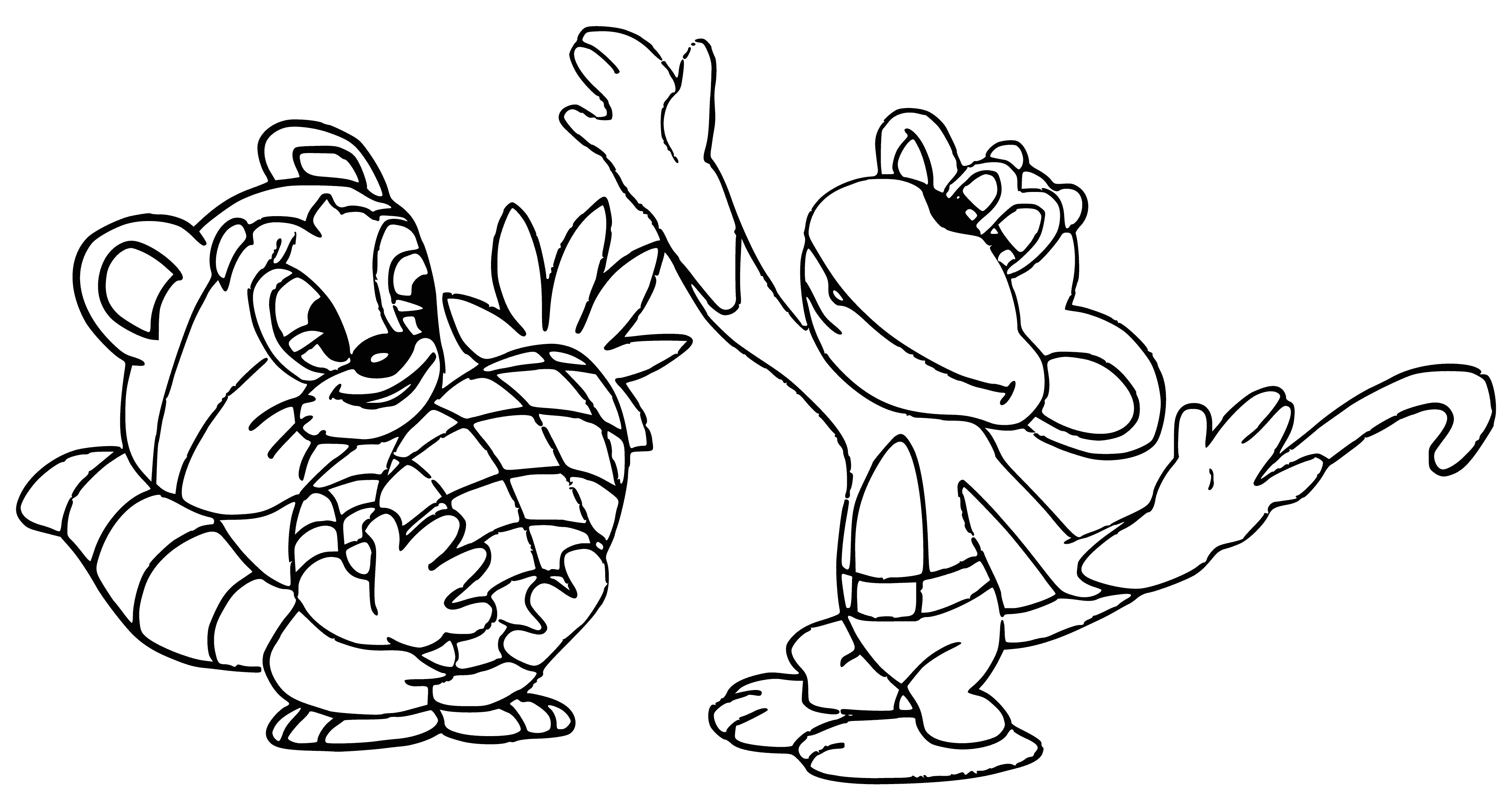 coloring page: Raccoon stands on monkey's head hugging its head; raccoon's tail wrapped around monkey's body.
