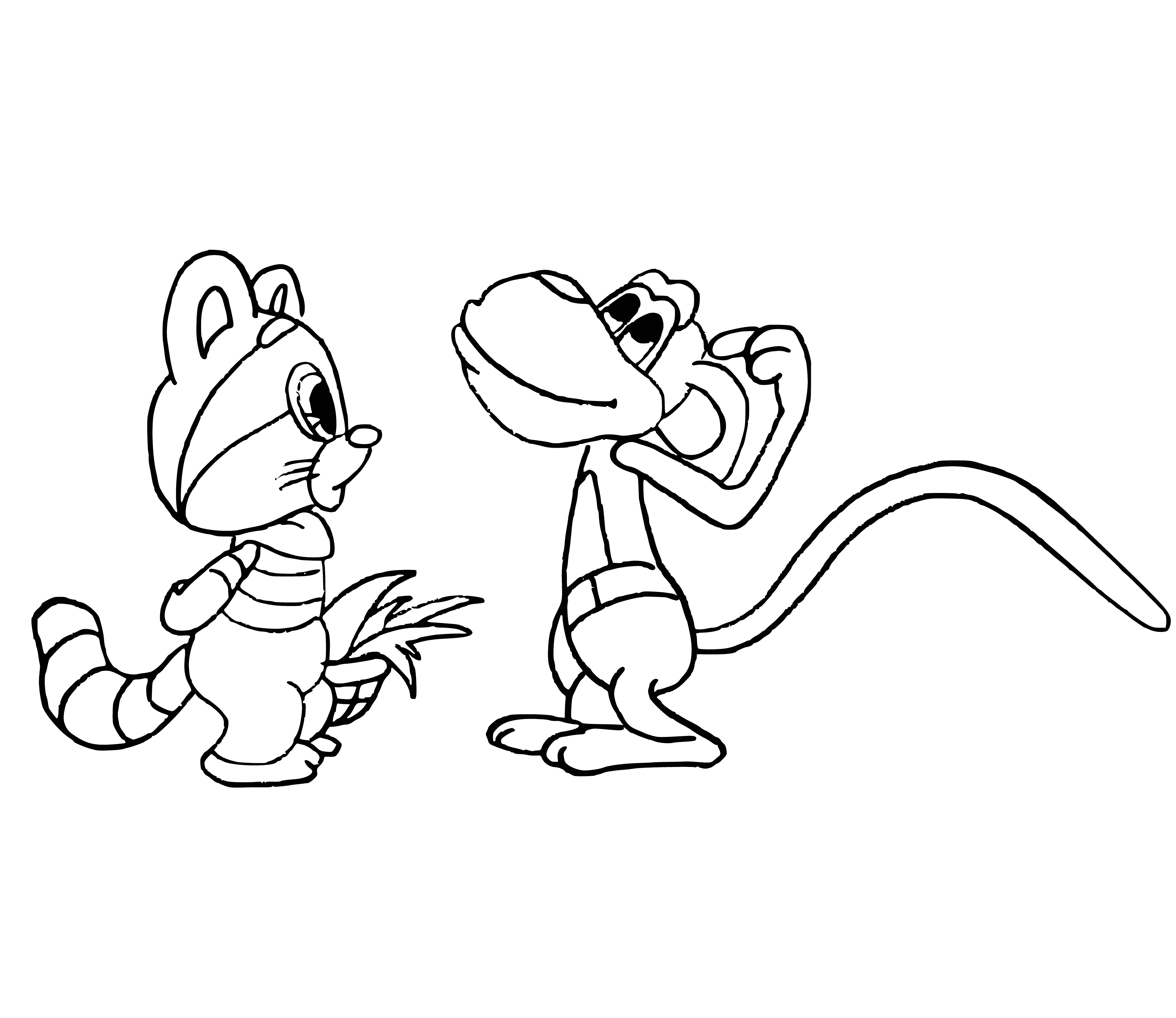 coloring page: Raccoon tries to break into monkey cage, but monkey is watching. Raccoon has its paw on the lock.