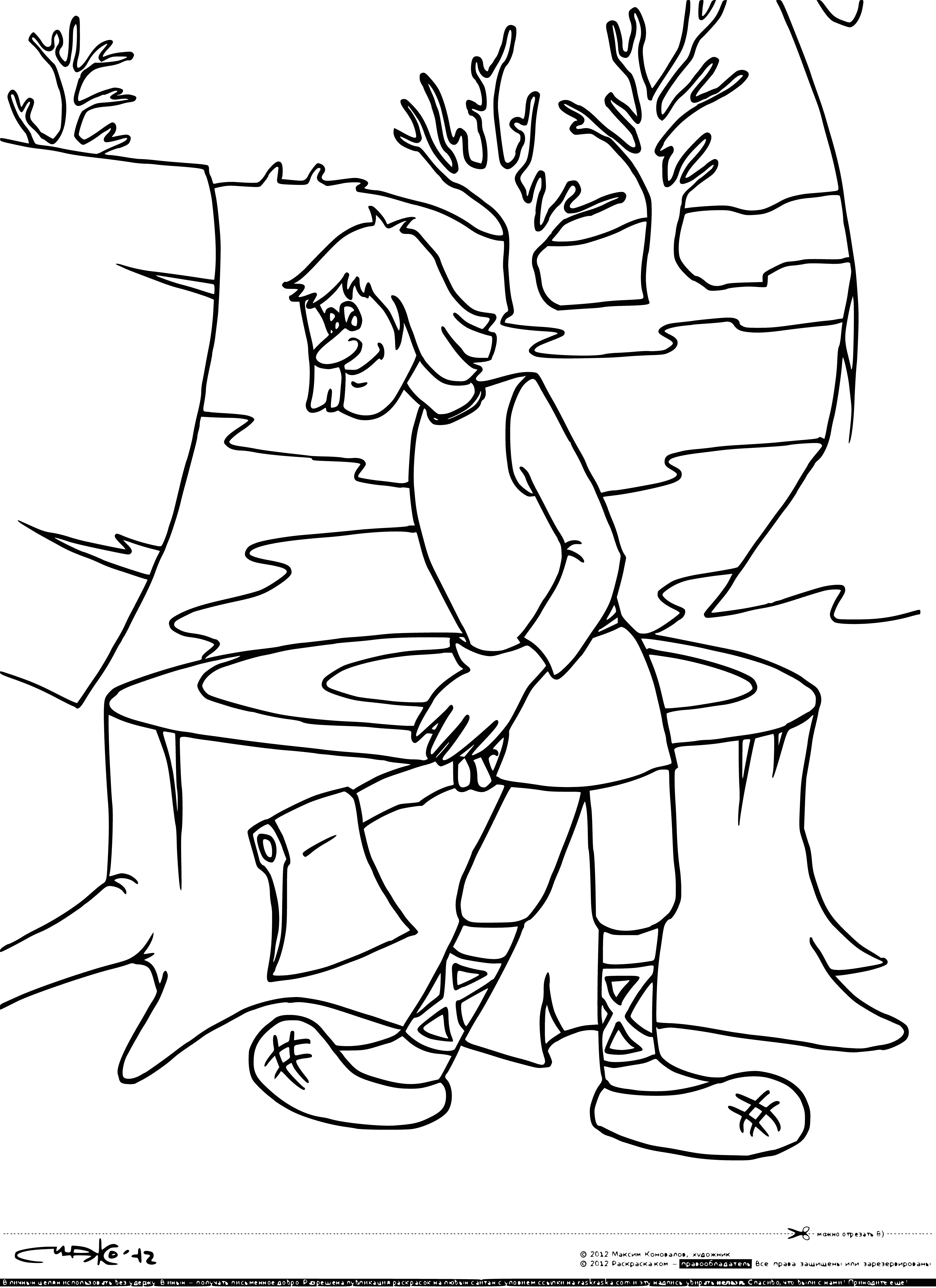 coloring page: Ivan stands atop his sail-ship, wearing blue shirt, brown pants, and black boots. Behind him is a 3-leveled platform with stairs and ladder. #seasailing
