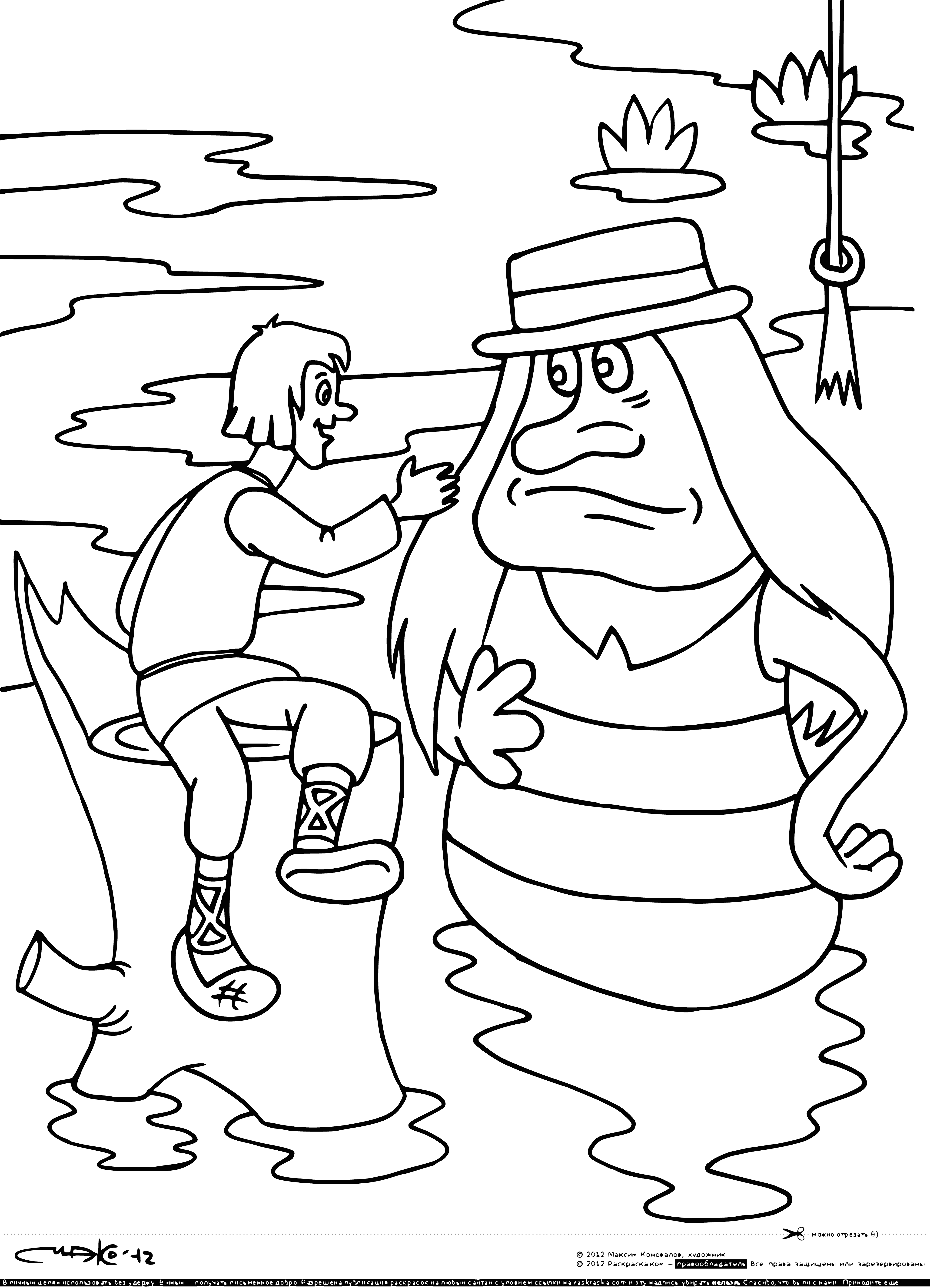 coloring page: Vanya and Vodyanoy, a flying ship w/large and small sails, w/people on the deck and in the rigging, soars over a body of water. #mythology