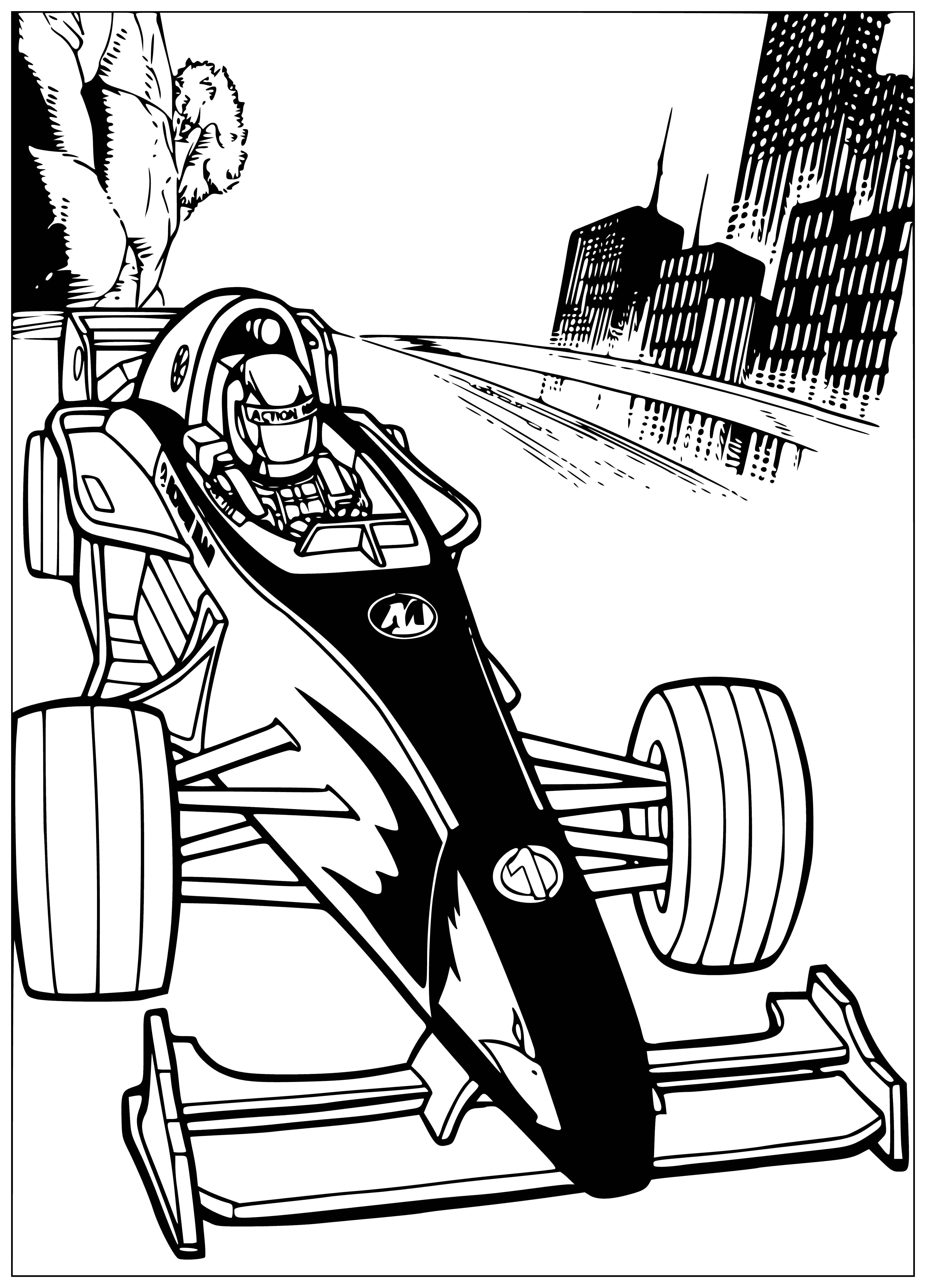 coloring page: Small, sleek, speedy racing car with pointed nose, smooth sides, large fins, bright red with white stripes, and a blue number 9. #actionman