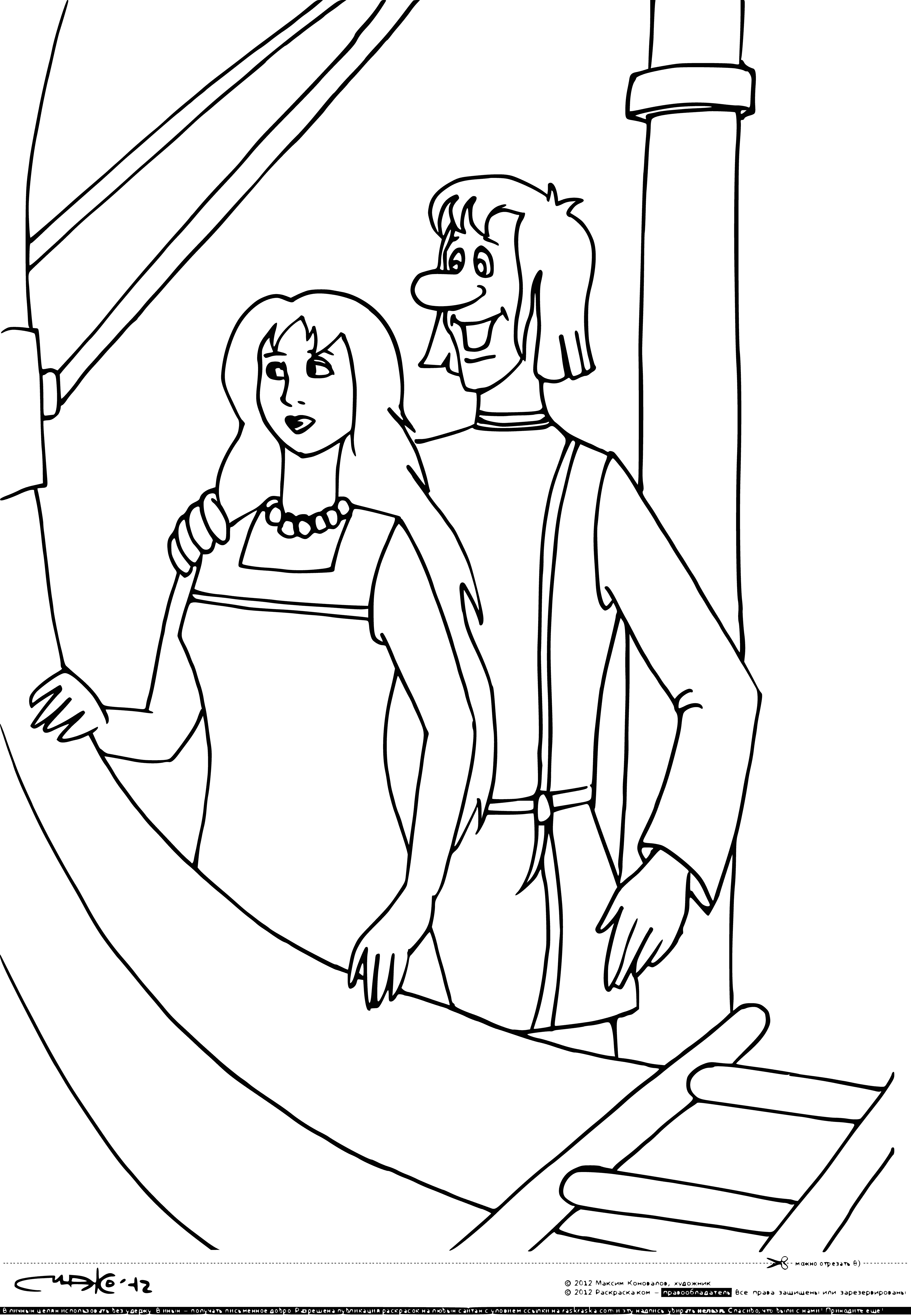 coloring page: Two people on a large ship with two levels, windows, and two propellers, flying over water with life jackets.