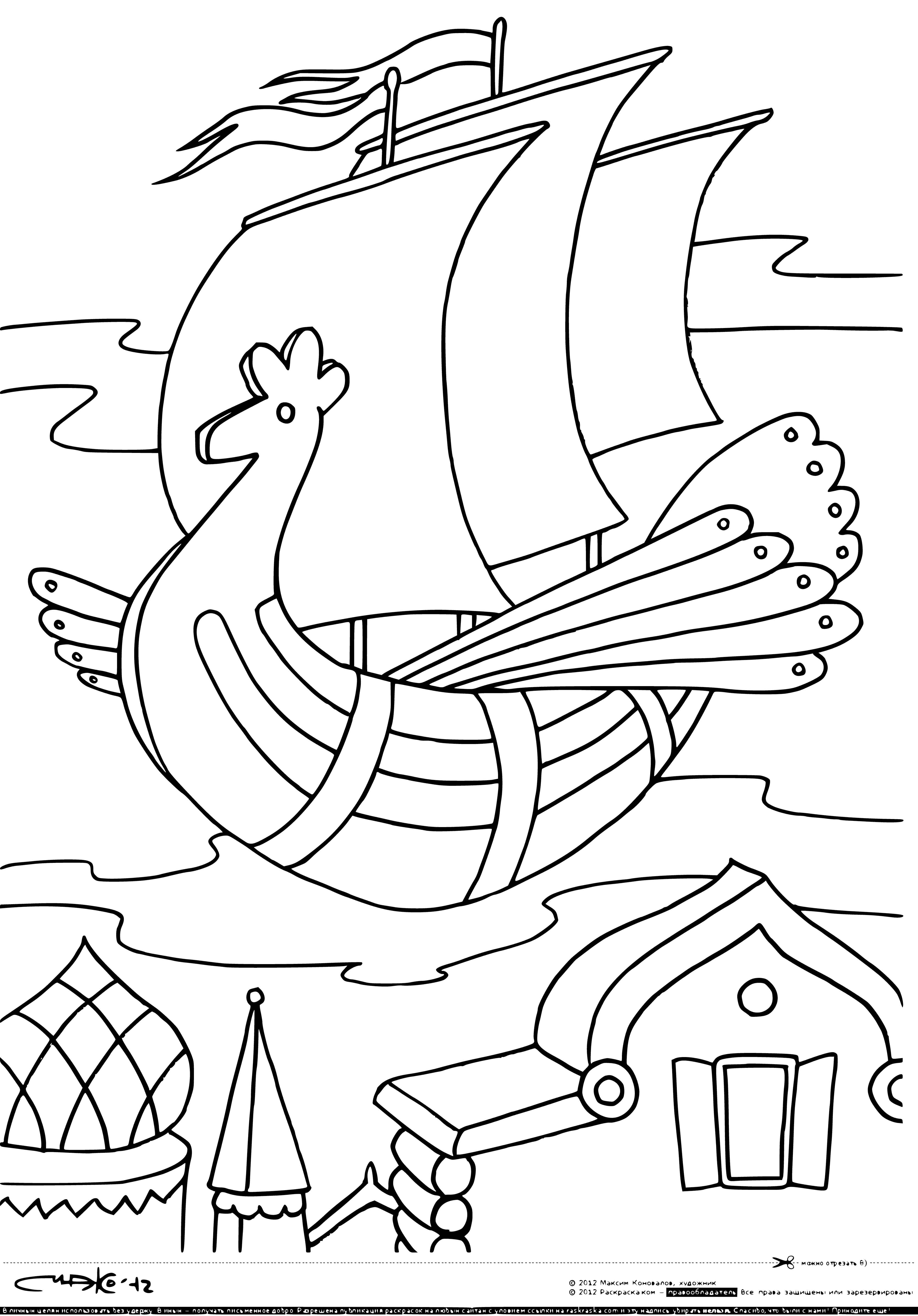 coloring page: A flying ship with two wings and three propellers soars through the sky.
