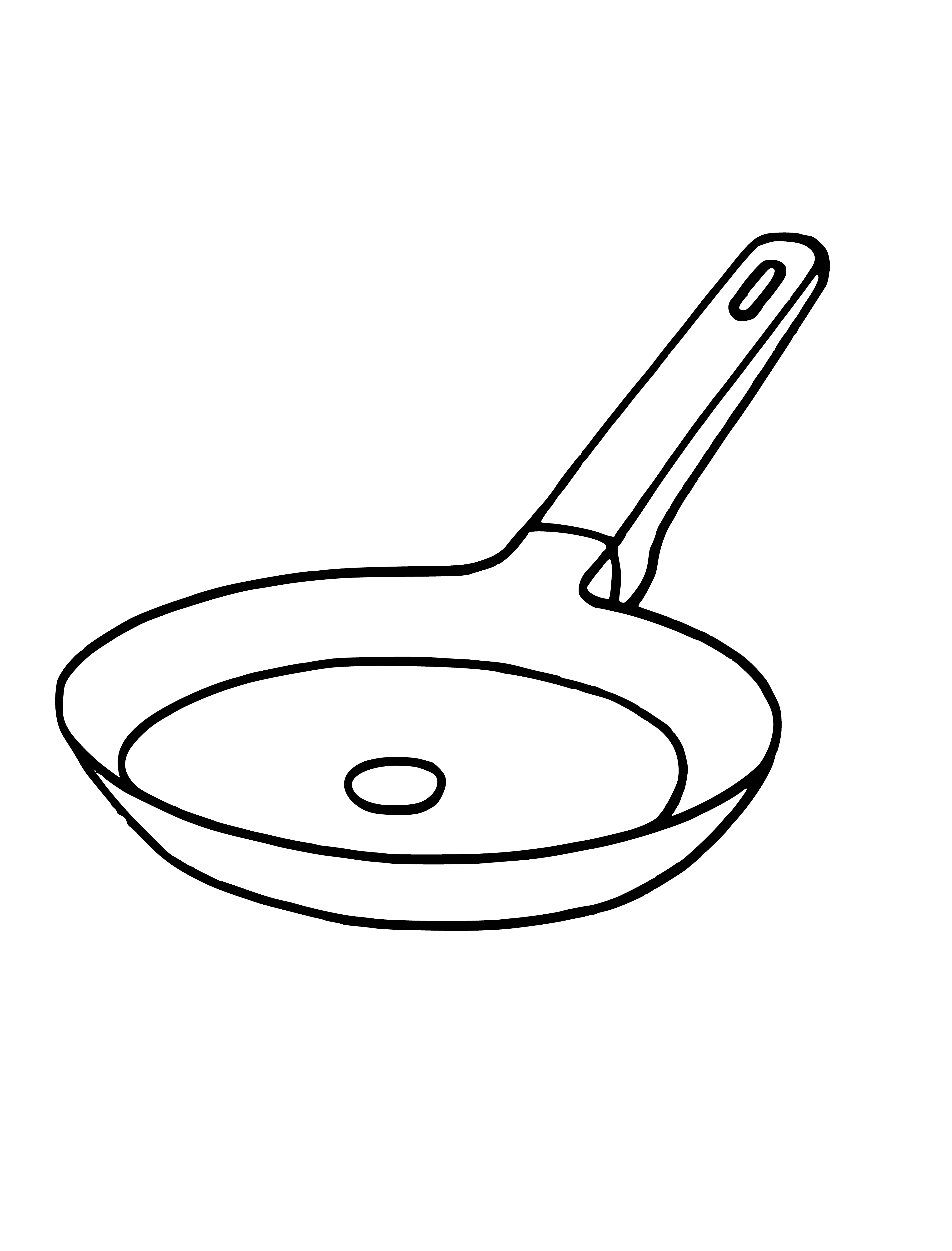 coloring page: Pan on stove, handle on side, tilted; eggs in pan, yolks broken, whites cooked.