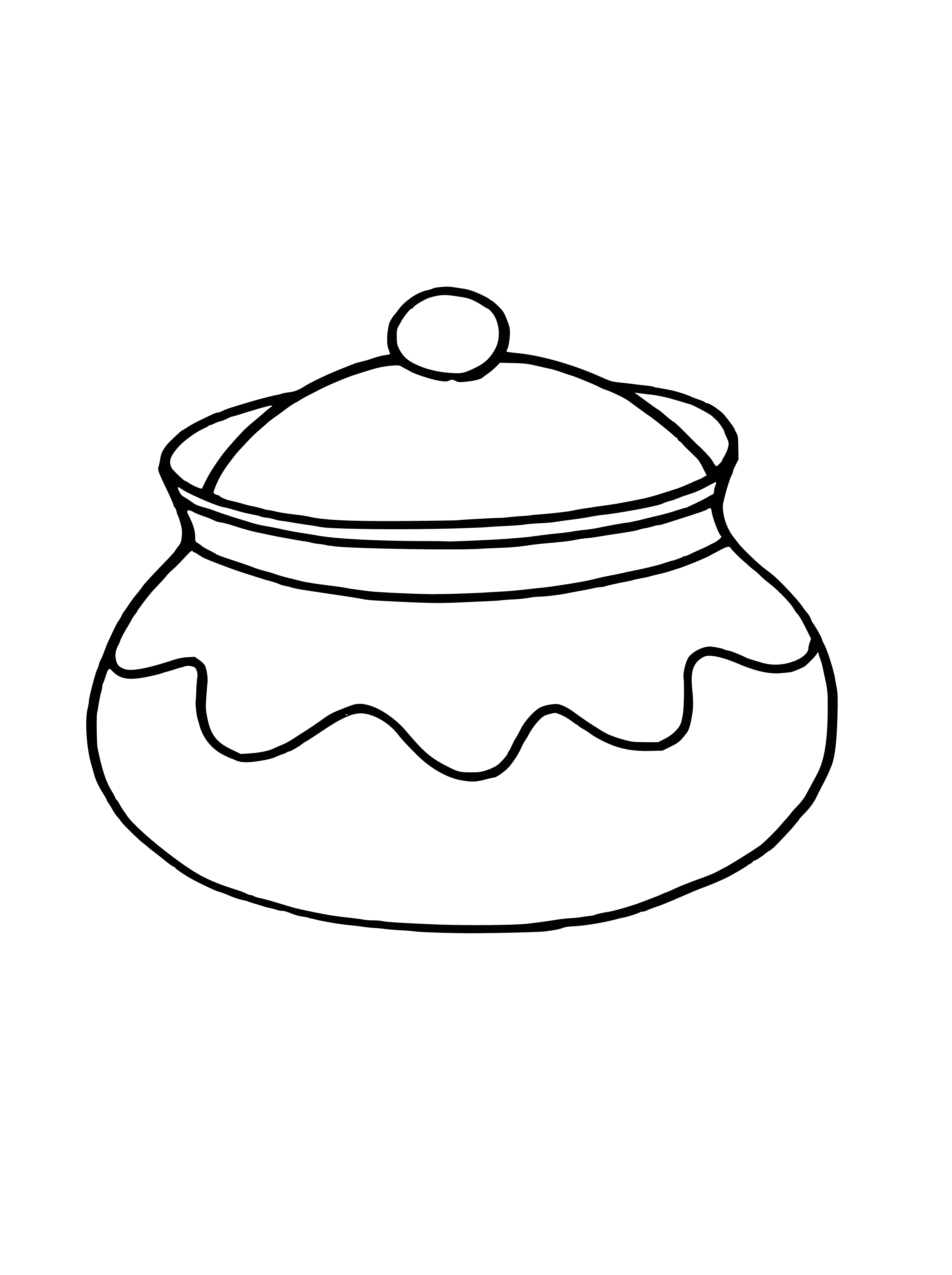 coloring page: Black pot w/ lid, handle, steam escapes thru slightly tilted lid.