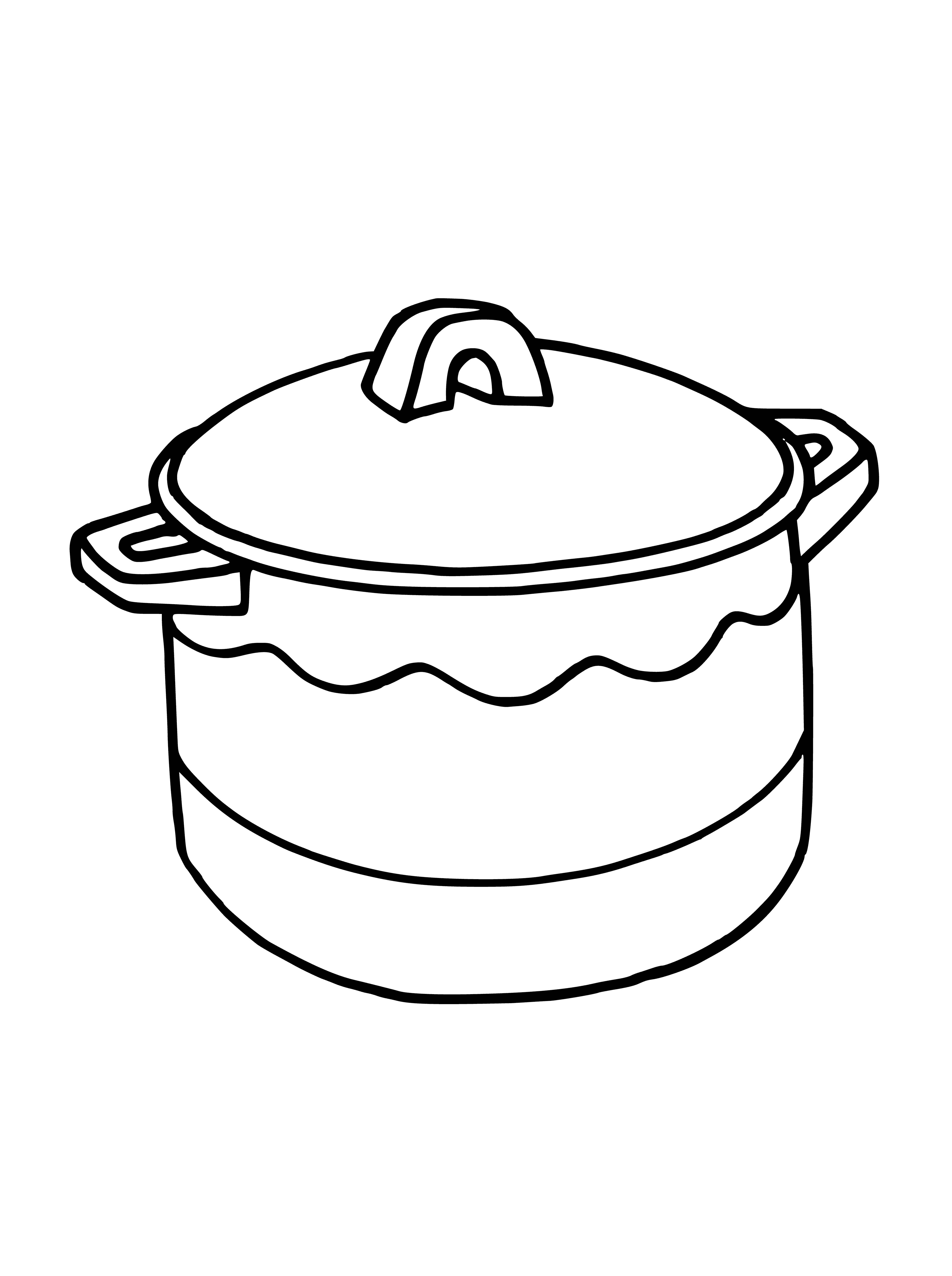 coloring page: Black pot with red design, long handle, small top; perfect for making soup!
