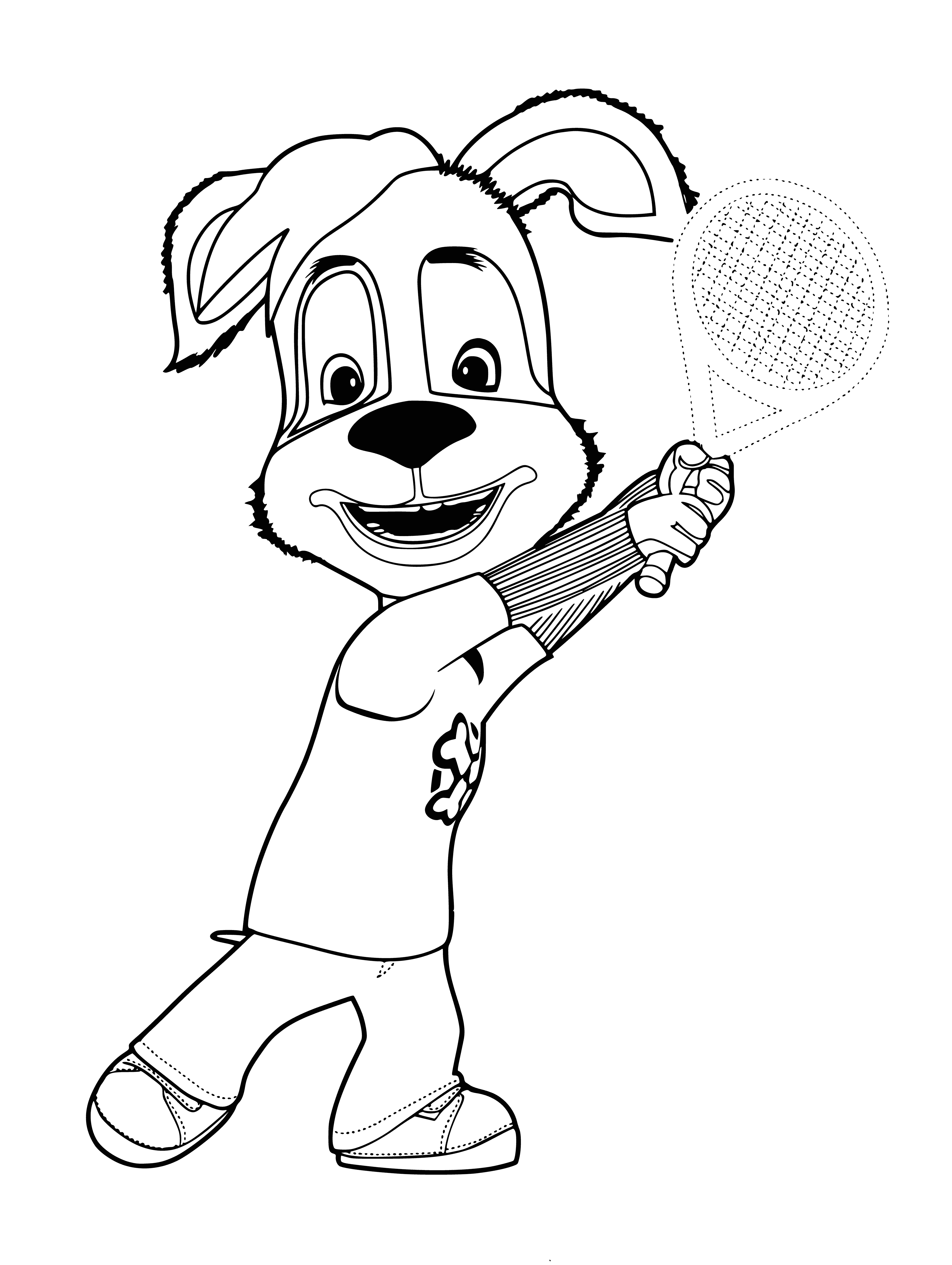 coloring page: Boy playing tennis on court in white shirt/shorts, brown hair. Ready to hit some balls!