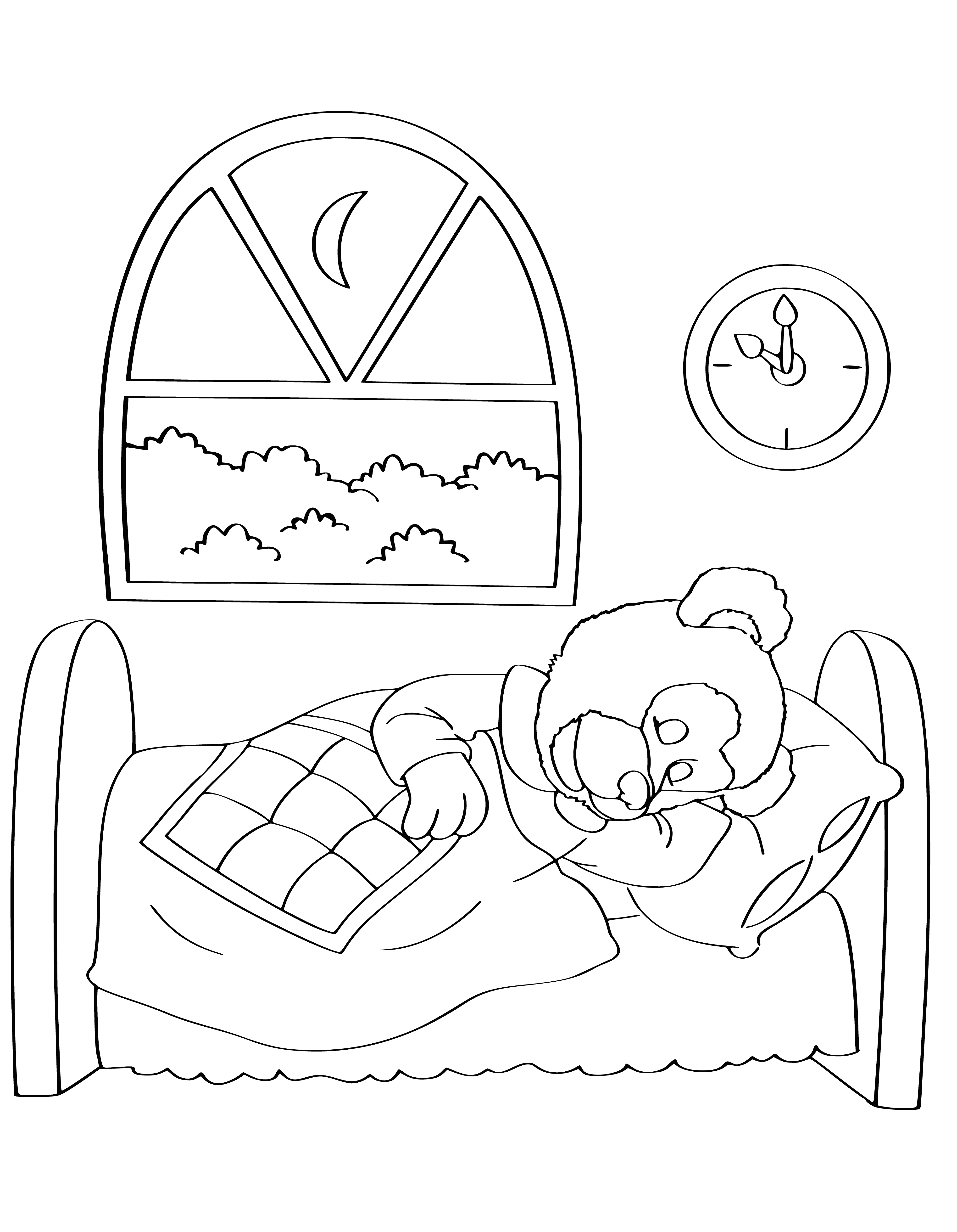 coloring page: Girl says goodnight to two children holding a candle with dimly lit room, clock on wall shows it's almost midnight. #ColoringPage