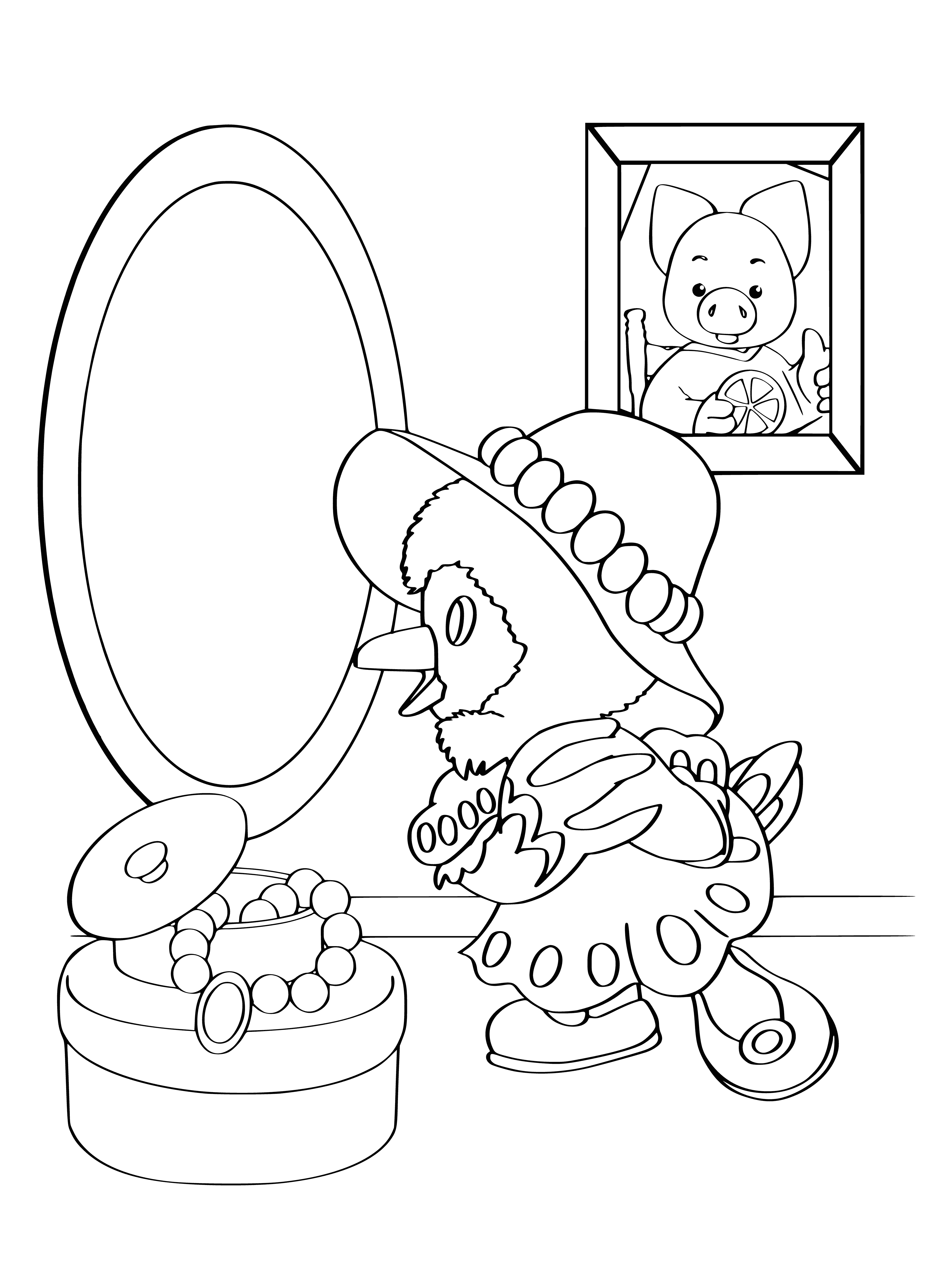coloring page: Karkusha stands at the beds, hands clasped and eyes peaceful, about to say goodnight to a group of small children.
