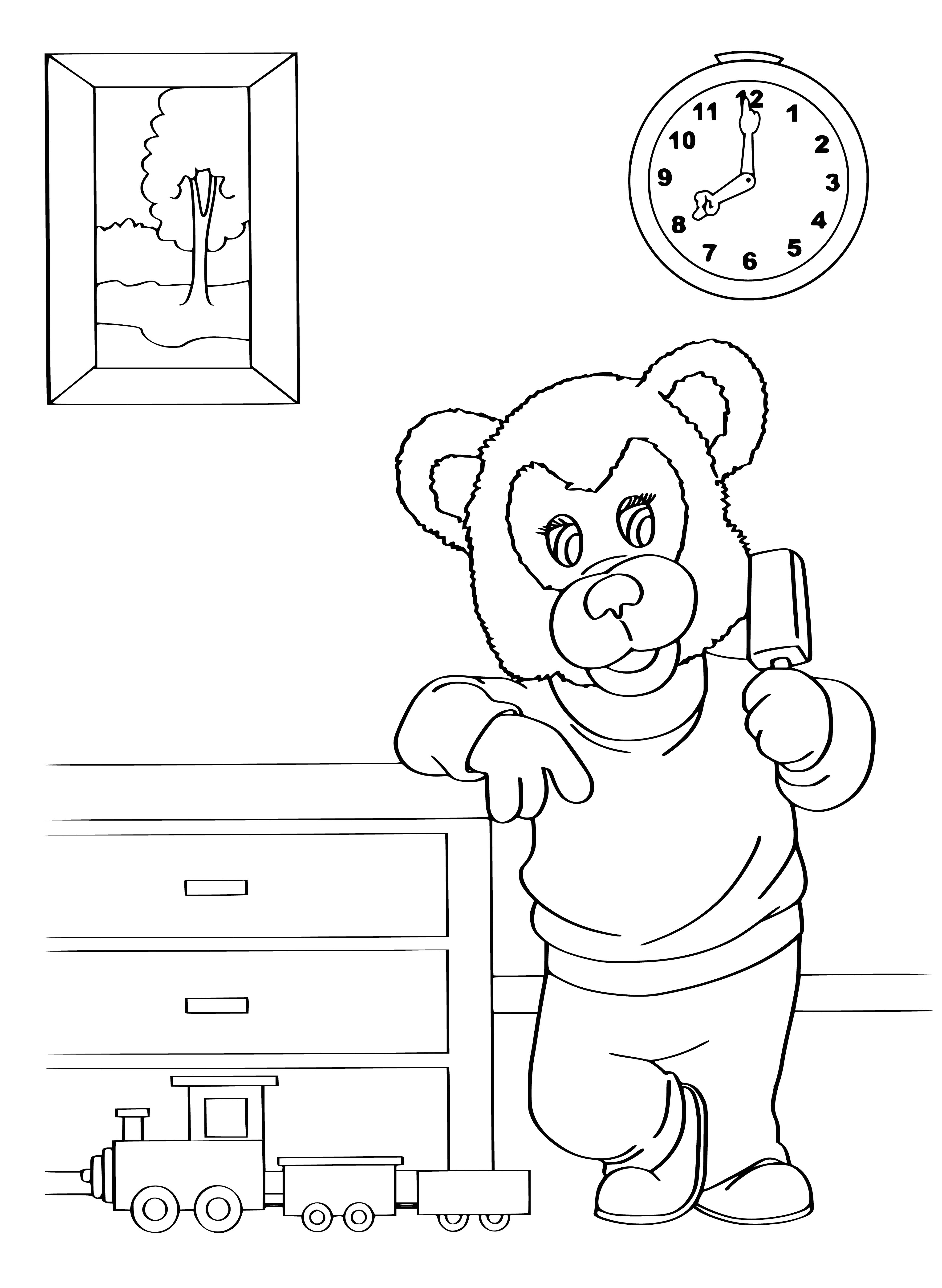 coloring page: A cartoon character, Mishutka, standing on a hill with a big full moon behind her & waving goodbye. Houses, trees & hills in background; clear night sky with stars.