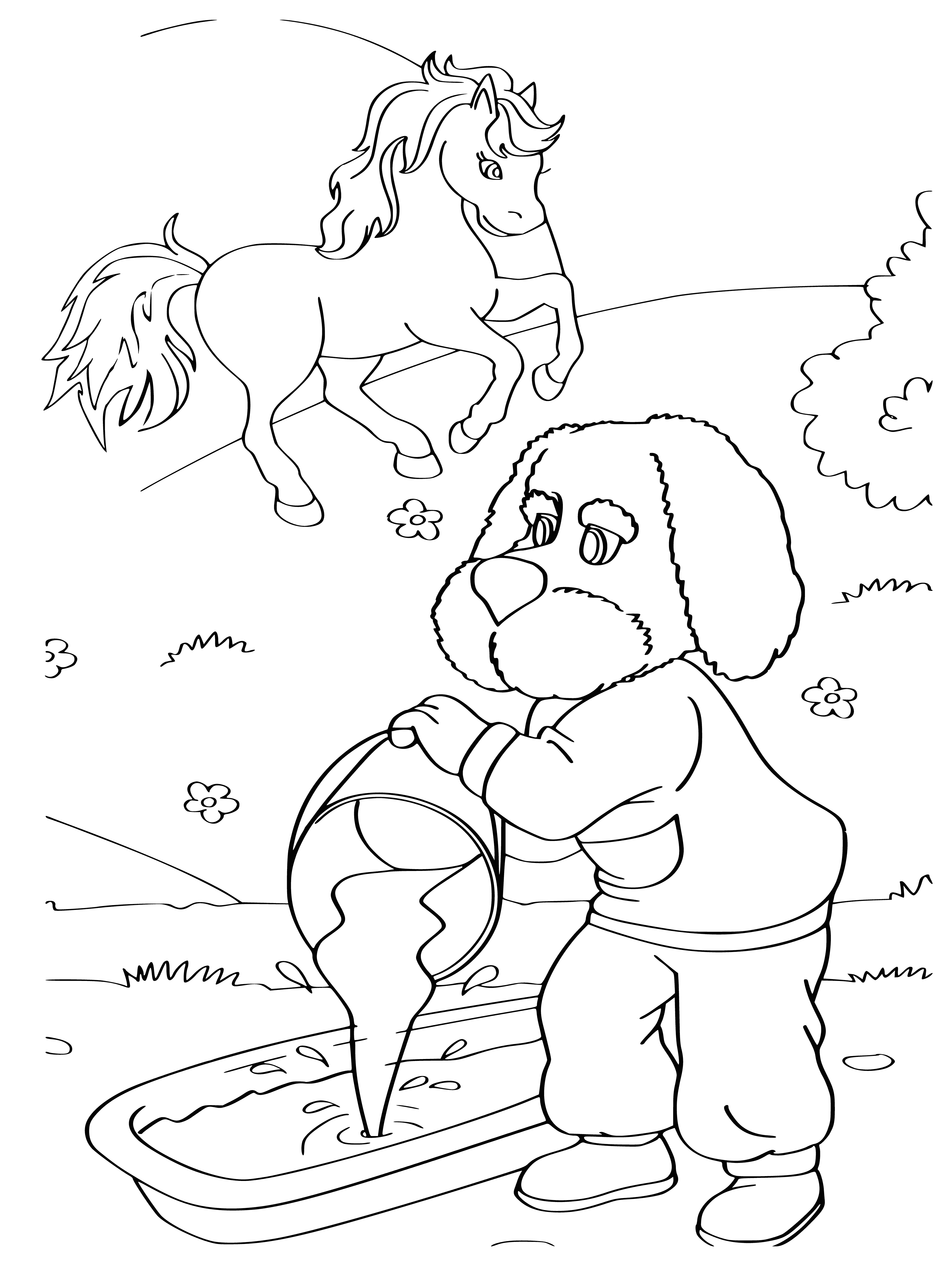 coloring page: Girl in field holds flowers & smiles at 3 children holding hands. A coloring page of happiness & friendship.  #coloringpage #friendship