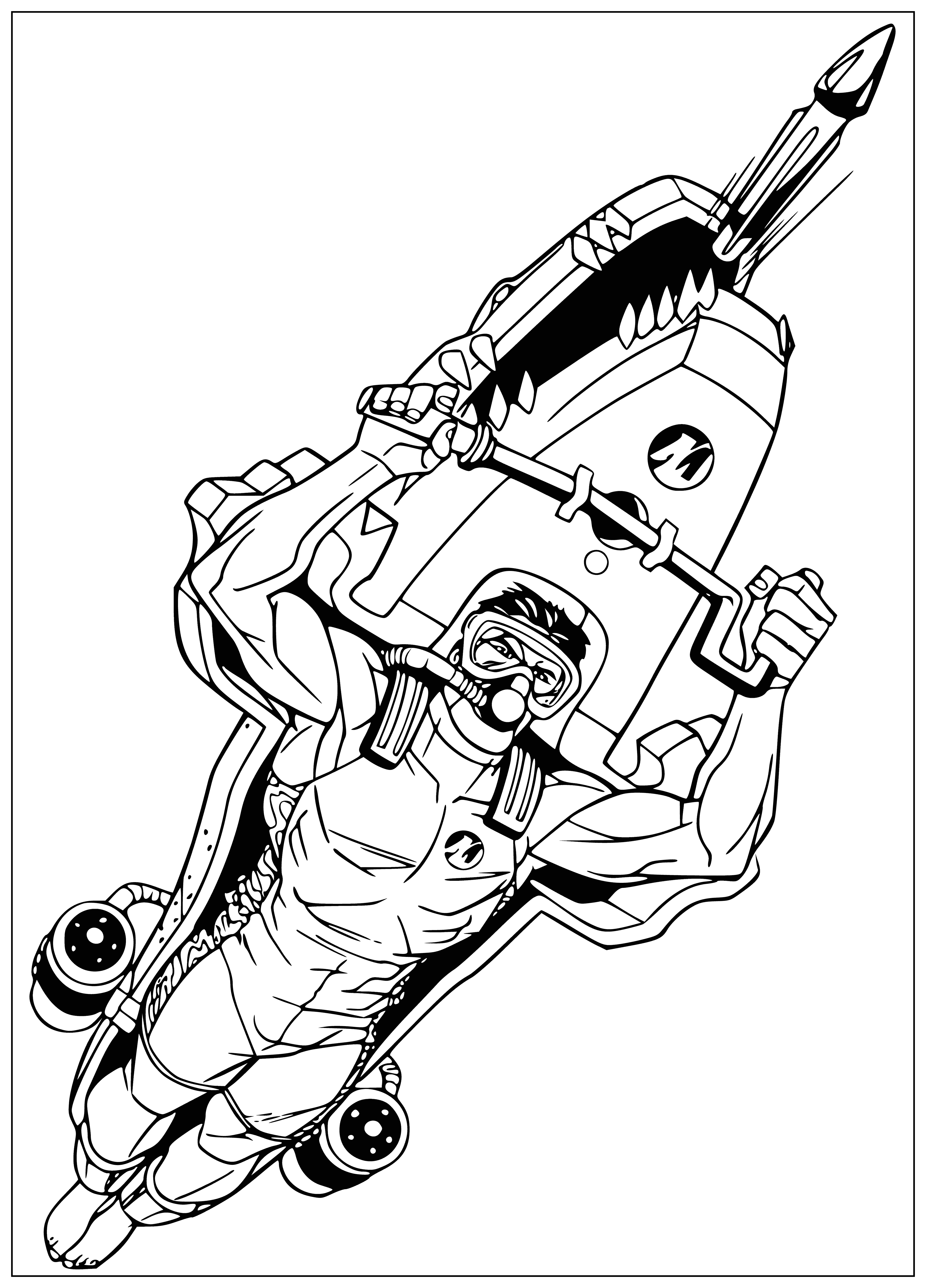 coloring page: He wears a wetsuit, flippers, diving mask, oxygen tank, and has a spear gun ready.